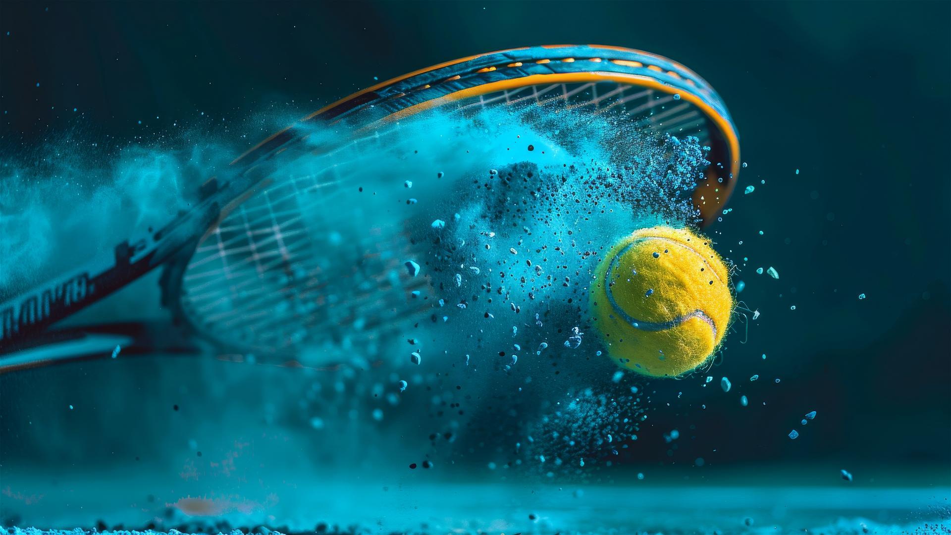 Macro detail of a yellow tennis ball striking a racket amid a puff of blue powder