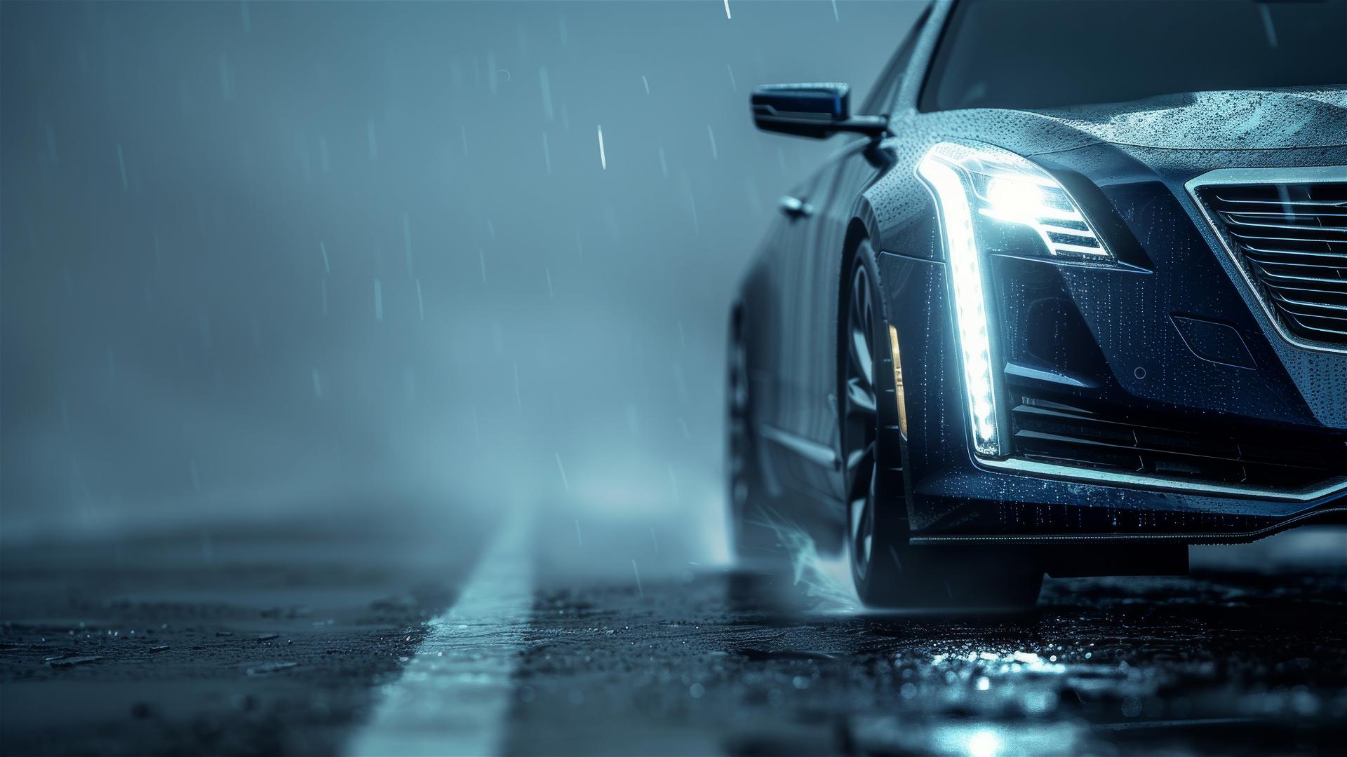 Photorealistic closeup of a Cadillac CT6 in dim gothic setting with fog