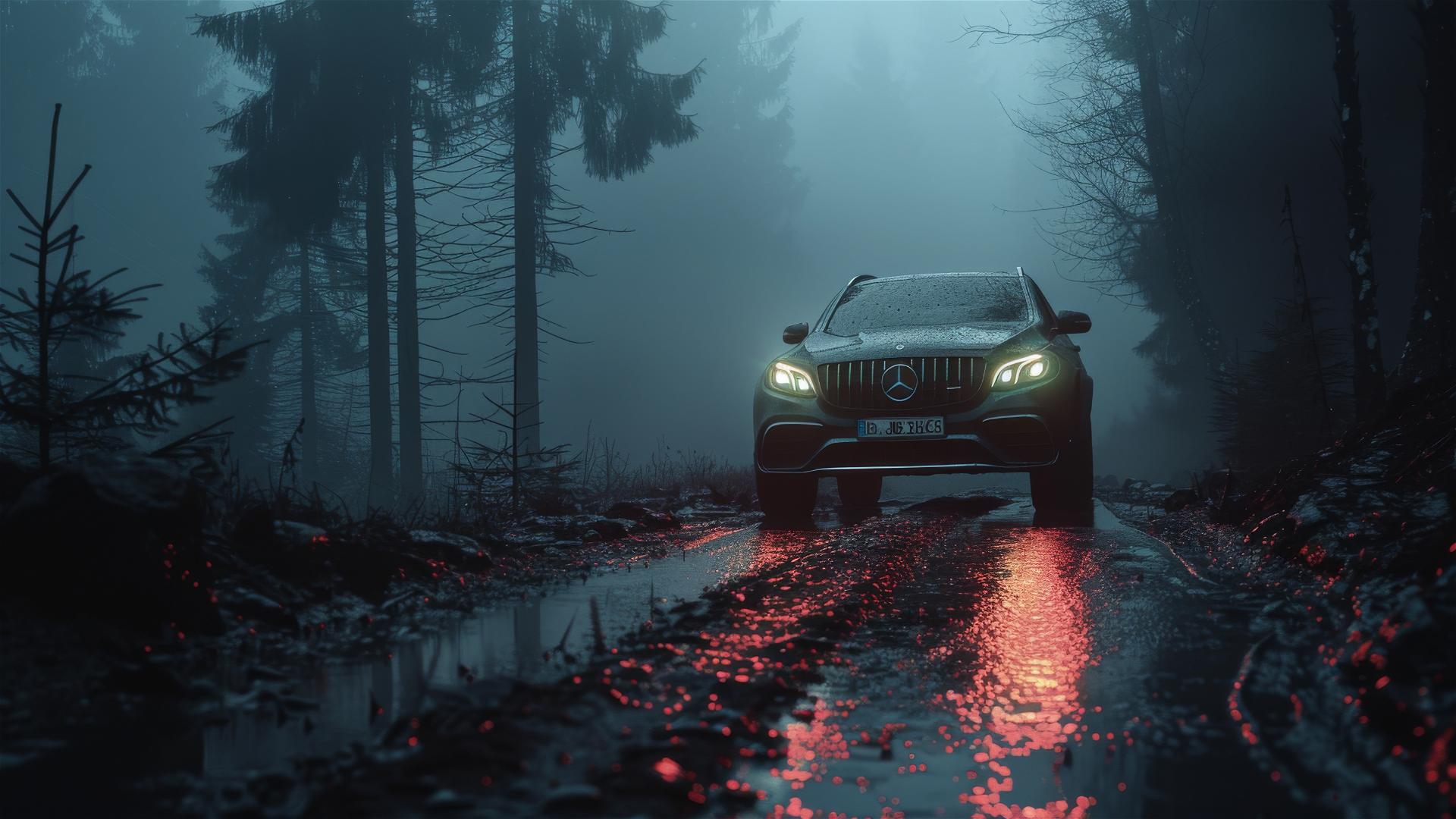 mercedes-benz gle in dim lighting with a gothic and foggy atmosphere