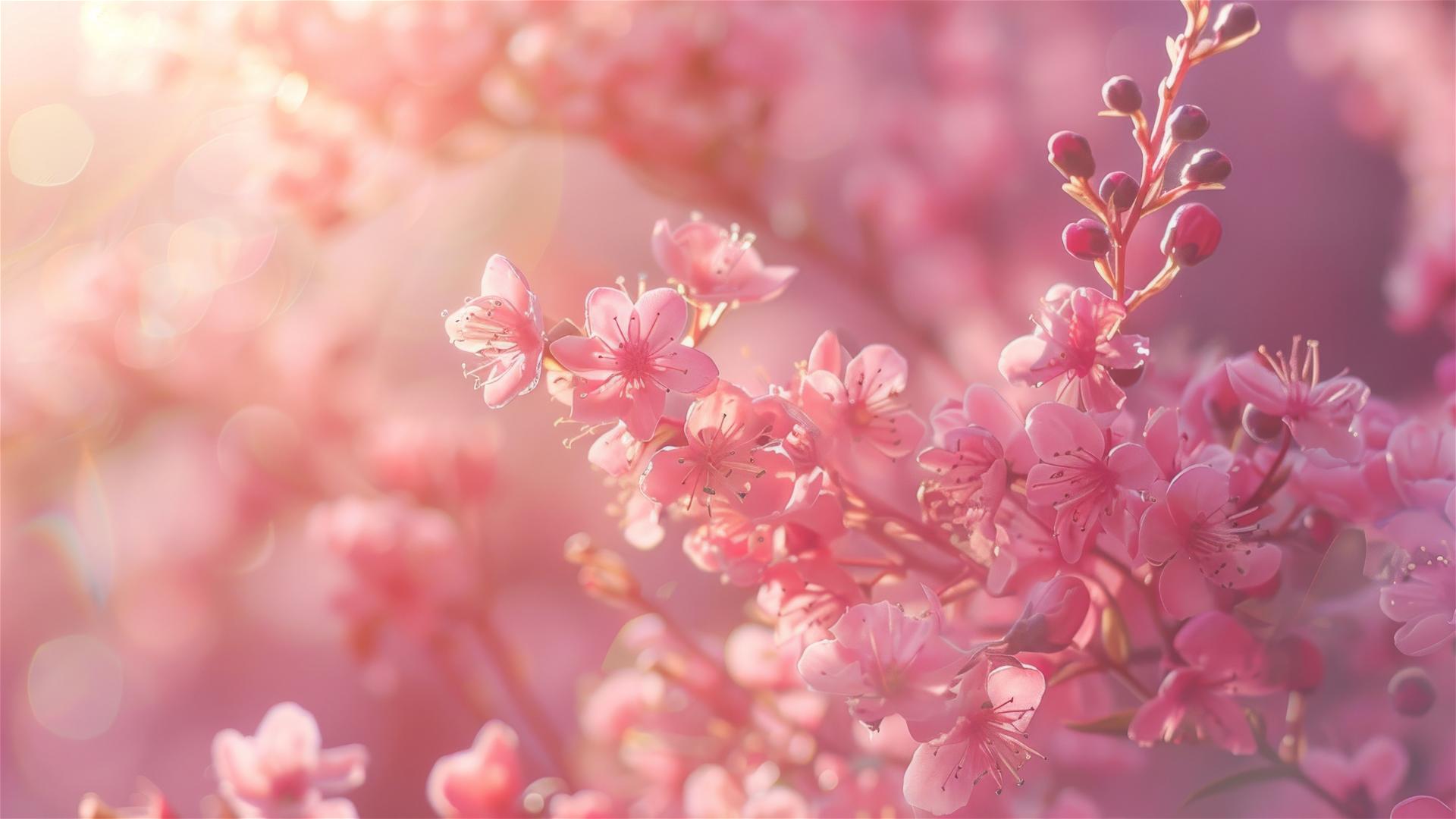 Pastel pink spring flowers illuminated by sunlight