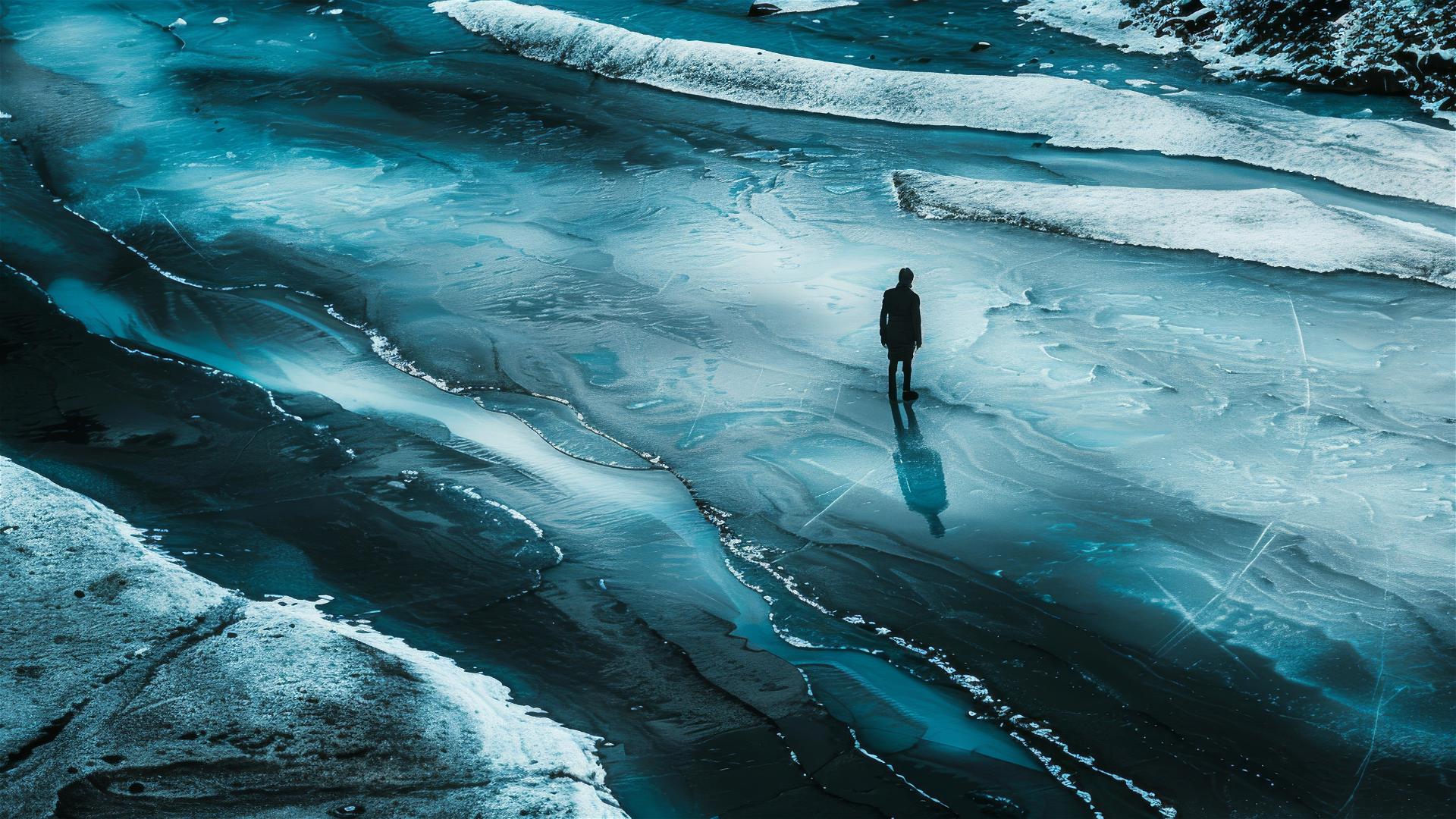 Aerial view of unknown Antarctica with dark figure and gloomy ambiance