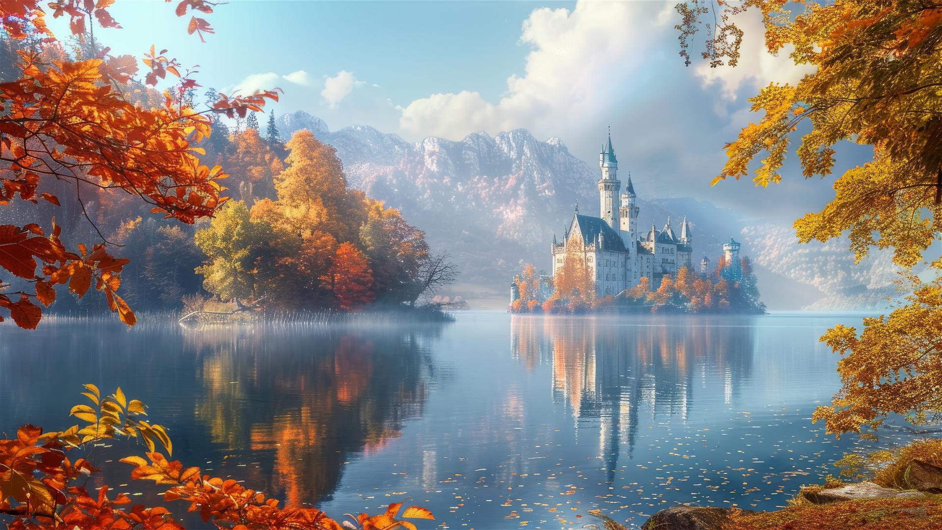 Serene lake vista with castle reflection and colorful autumn foliage