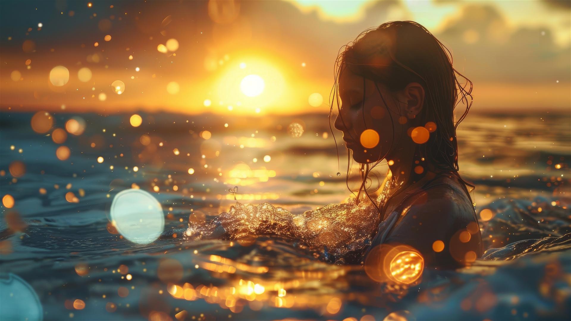 Girl standing in water at sunset, Joel Robison style, glittery, tumblewave glow