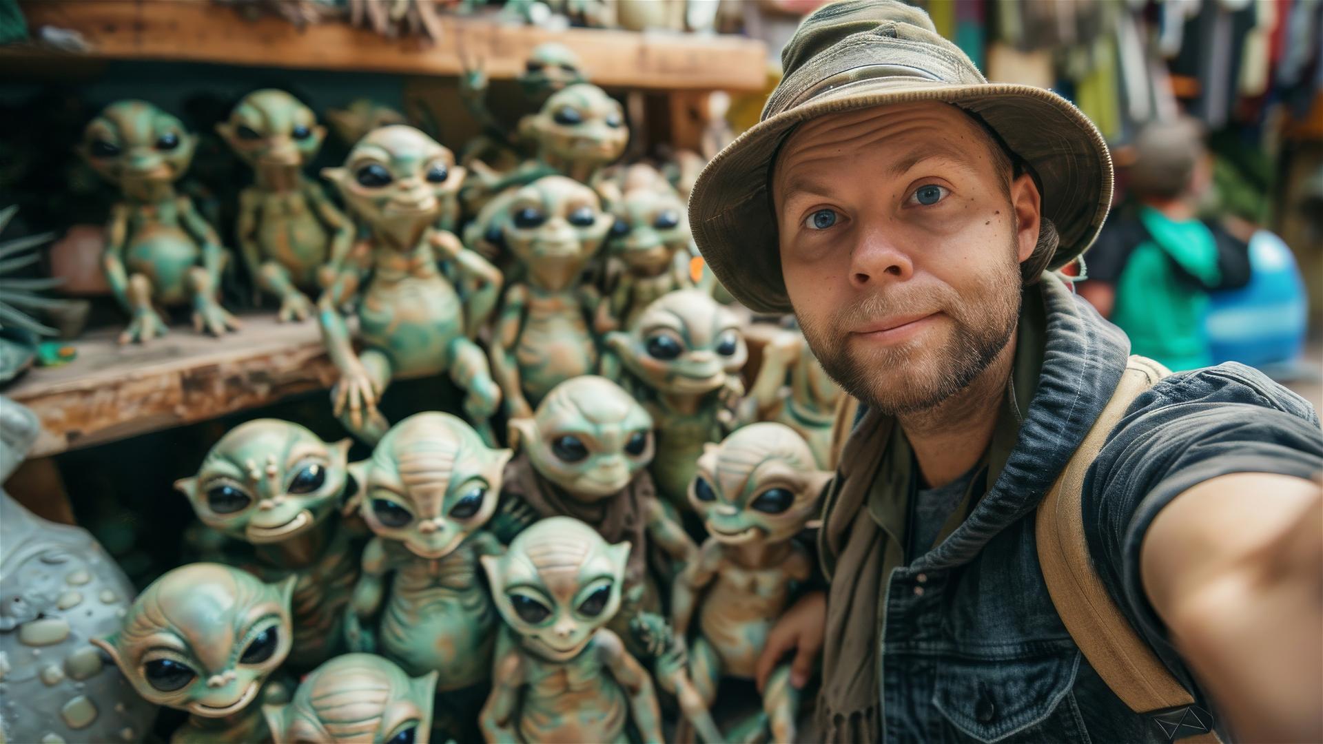 A person taking a selfie with a group of green aliens