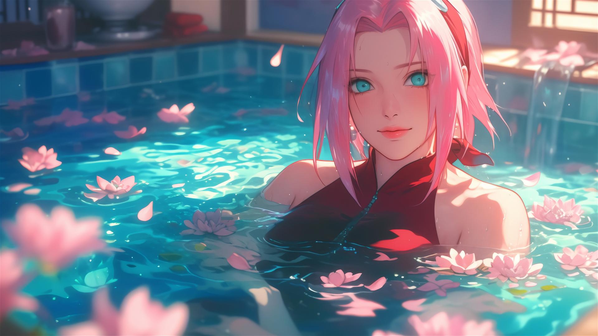 Sakura Haruno in a flower-filled tub at a Chinese spa