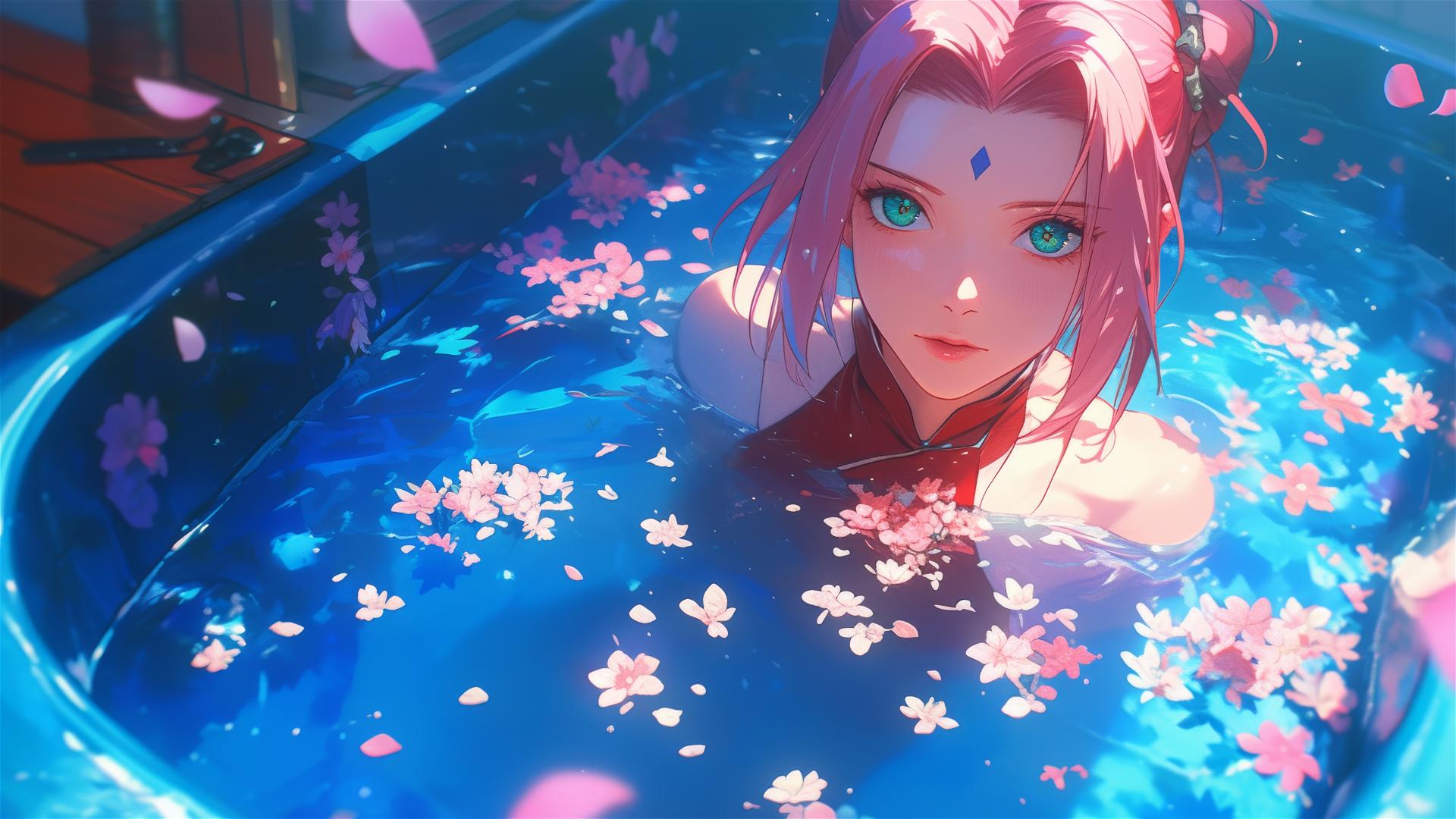 Sakura Haruno from Naruto in a flower-filled tub in a Chinese spa