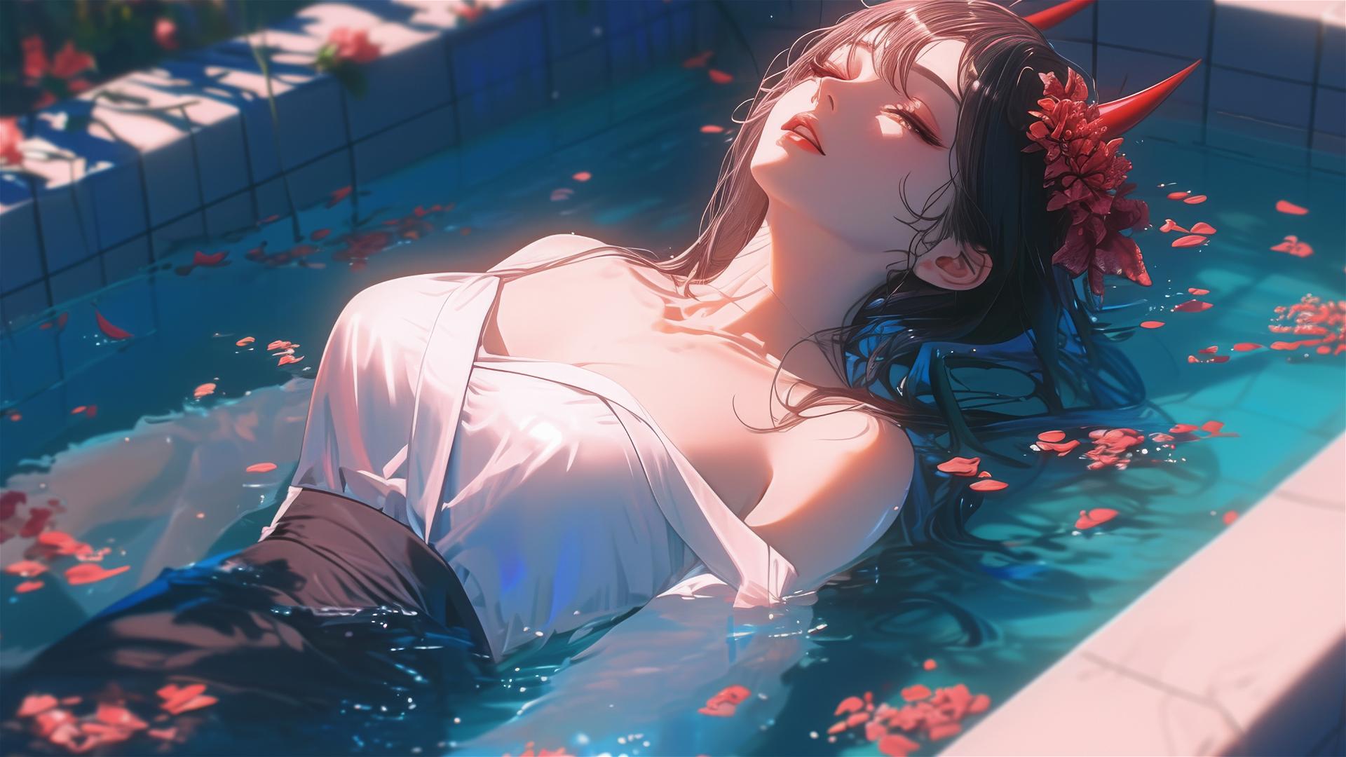 Power from Chainsaw Man in tub of flowers, Chinese spa setting.