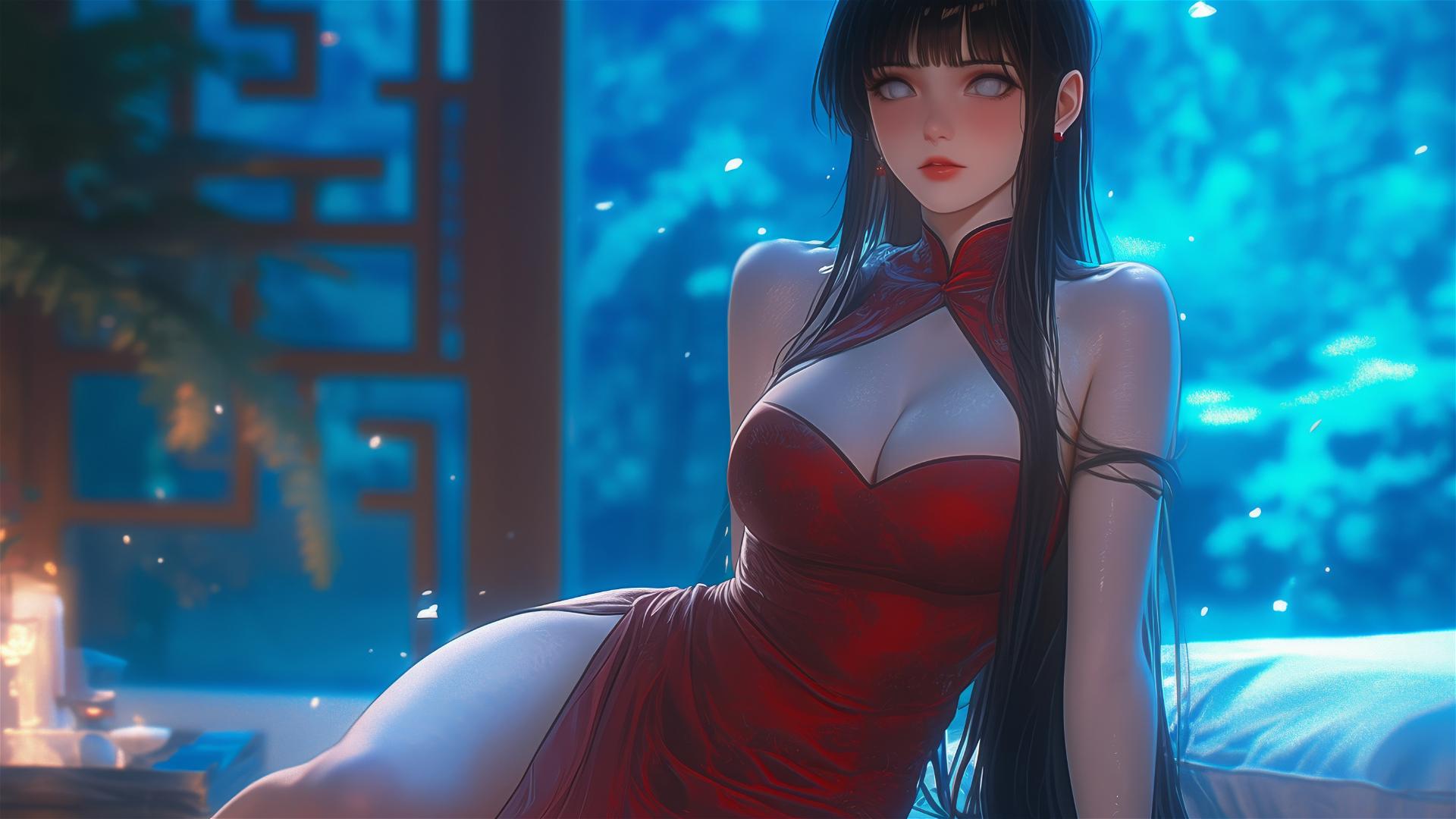Hinata Hyuga from Naruto sitting in a modern hotel with warm lighting.