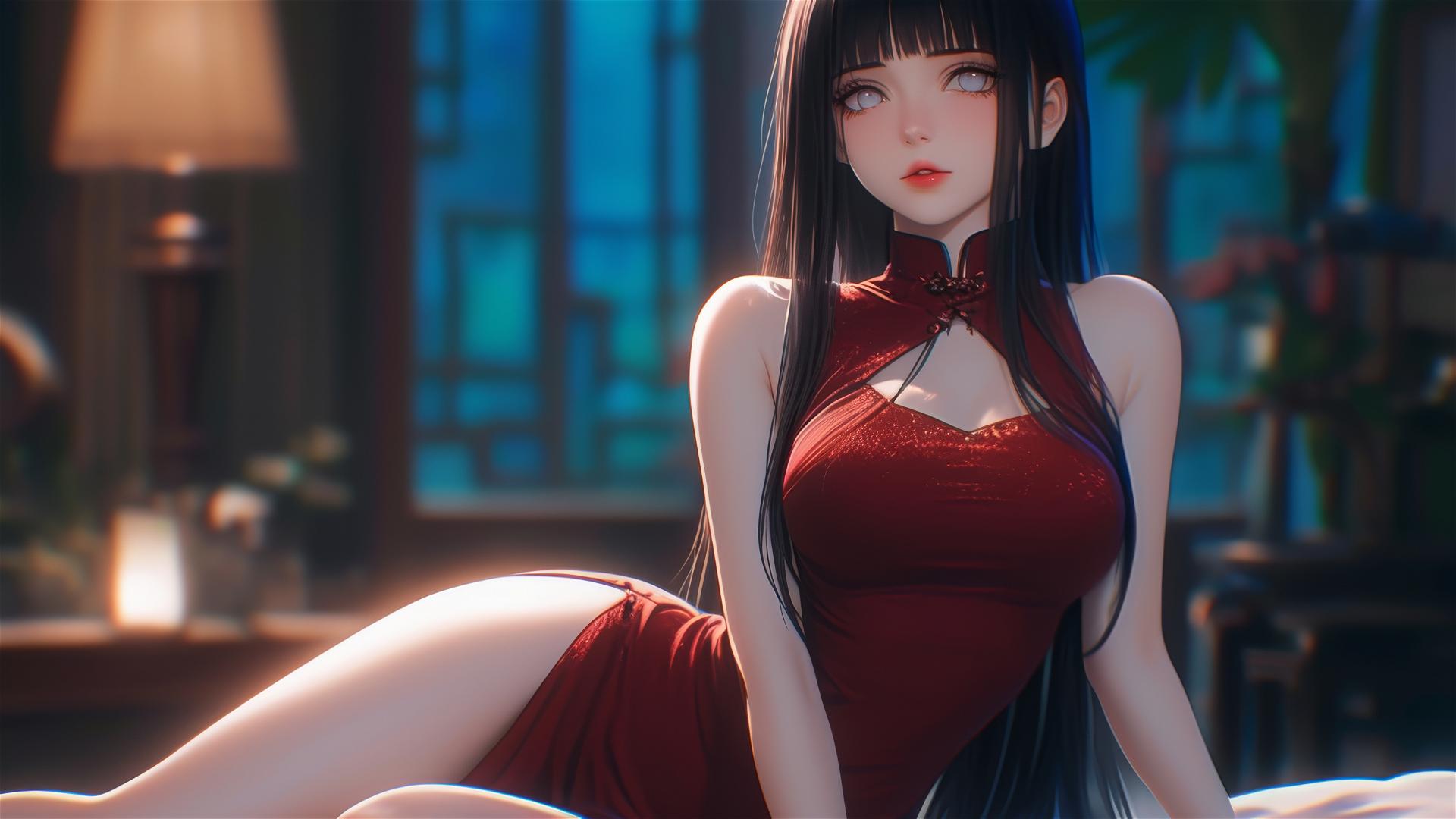 Hinata Hyuga sits leisurely in a modern hotel with warm light, white eyes, and a red dress.