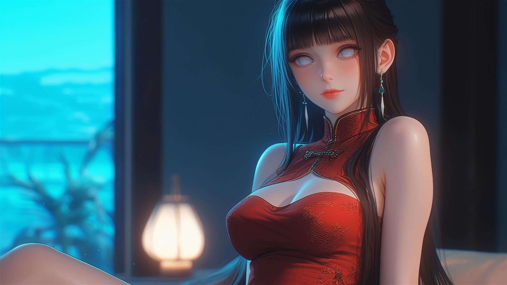 Hinata Hyuga from Naruto sitting in a modern hotel with warm light, white eyes, and a red dress.