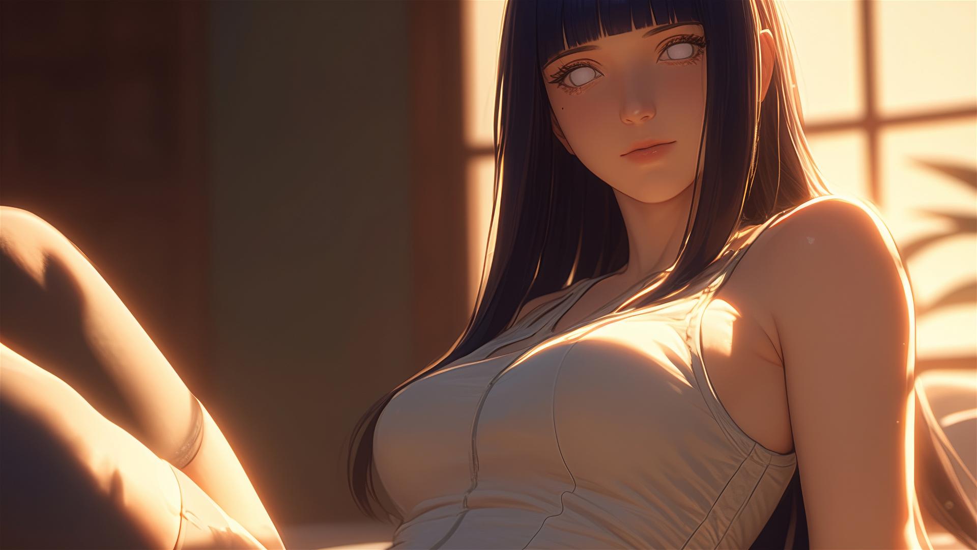 Hinata Hyuga from Naruto sitting in a modern hotel with warm lighting.