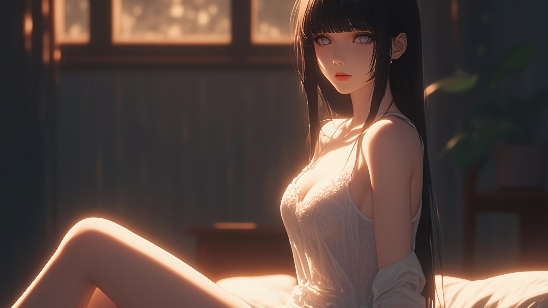 Hinata Hyuga sits at a modern hotel, bathed in warm light.