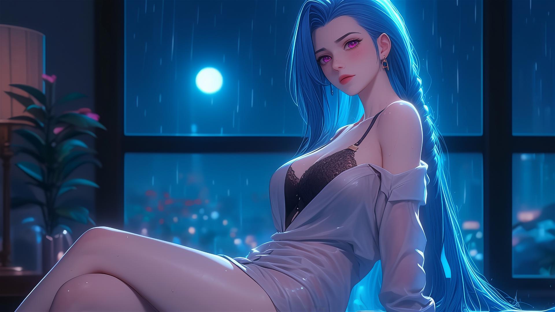 Jinx from League of Legends sitting in an apartment bathed in moonlight