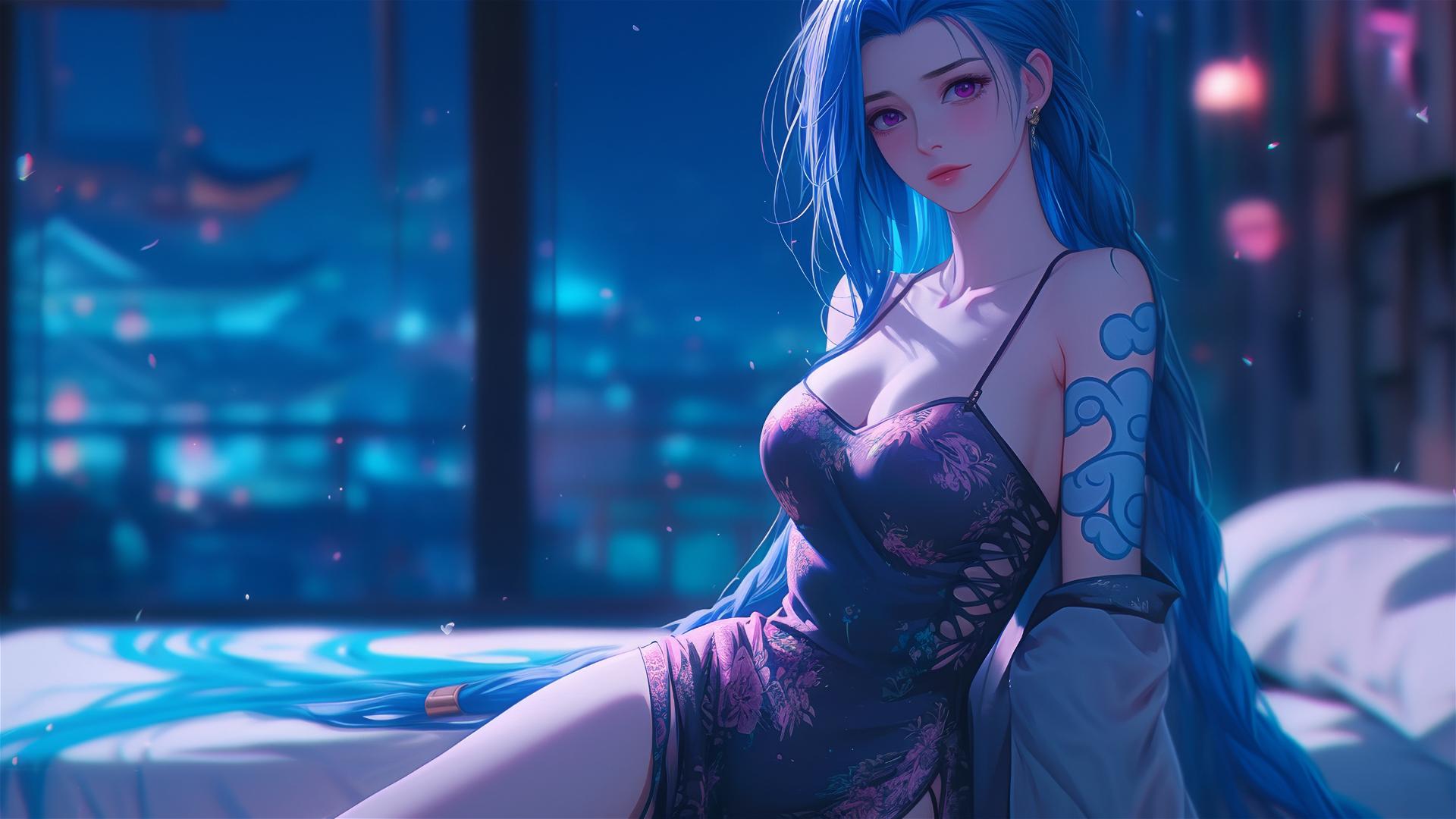 Jinx from League of Legends sitting in an apartment with moonlight glow