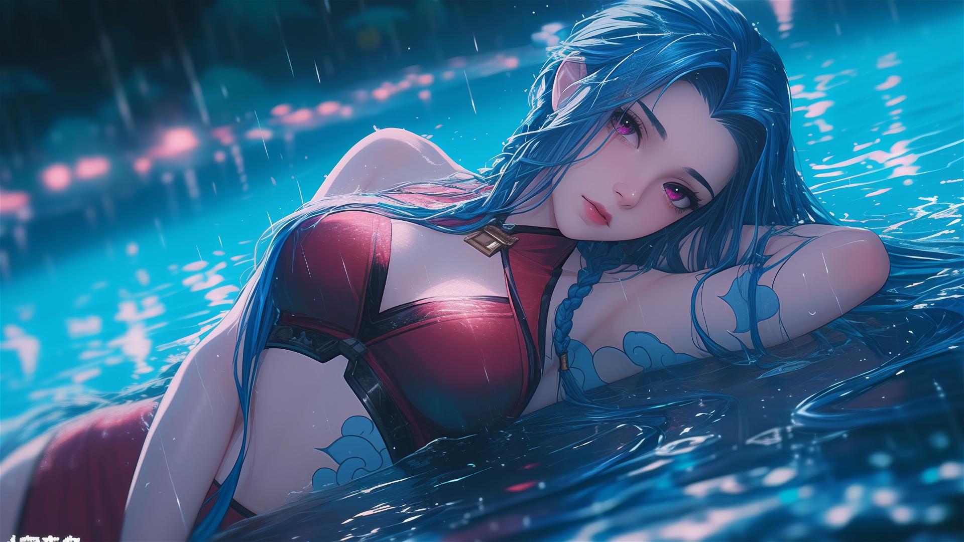 Jinx from League of Legends resting by a rainy pool at night
