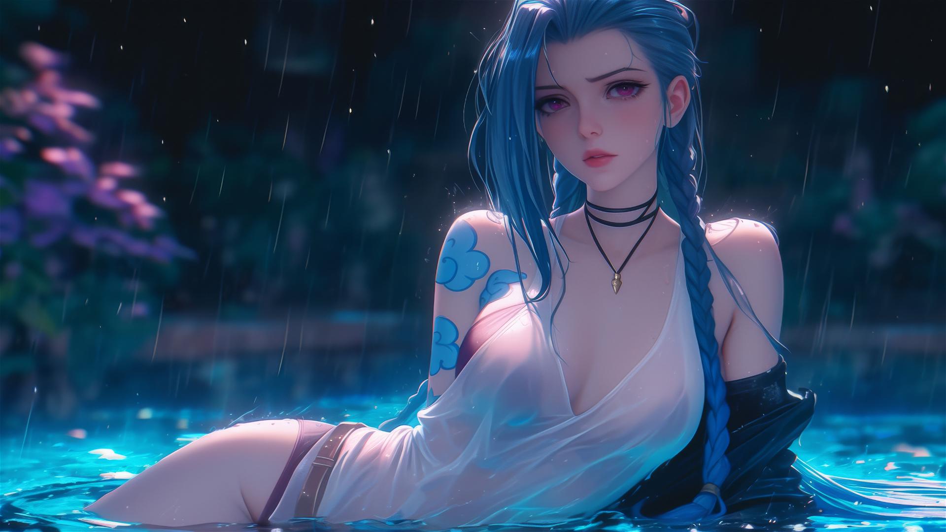 Jinx from League of Legends rests by a rainy pool under moonlight, showcasing pink eyes.