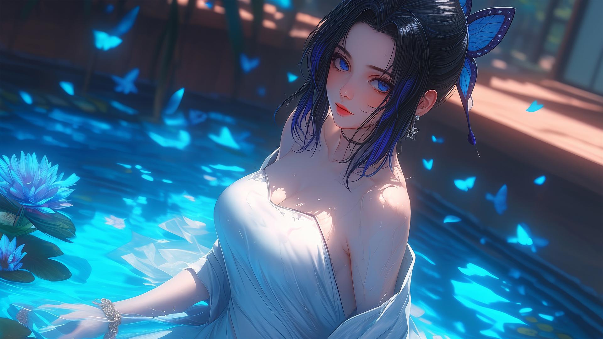 Shinobu Kocho in white dress in floral tub at Chinese spa