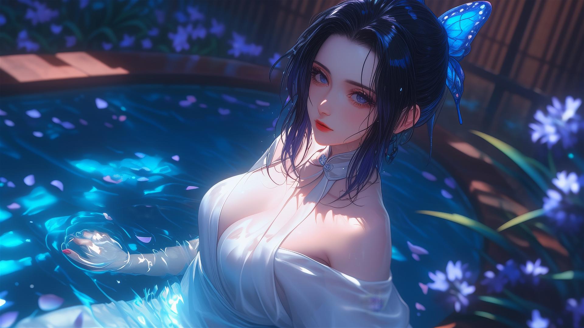 Shinobu Kocho in white dress in a tub full of flowers at a Chinese spa