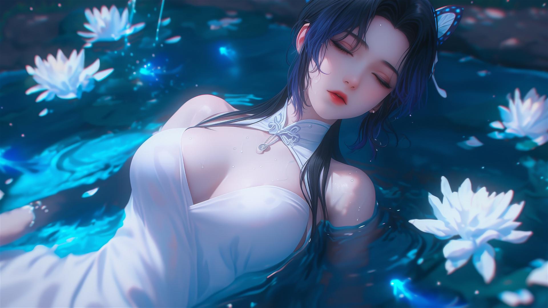 Shinobu Kocho from Demon Slayer in a white dress in a tub with flowers, Chinese spa