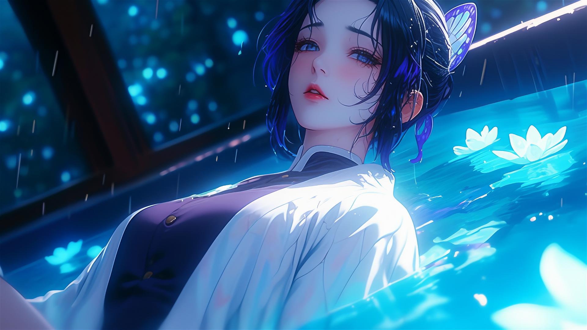 Shinobu Kocho from Demon Slayer in a cheongsam, in a tub full of flowers, at a Chinese spa.