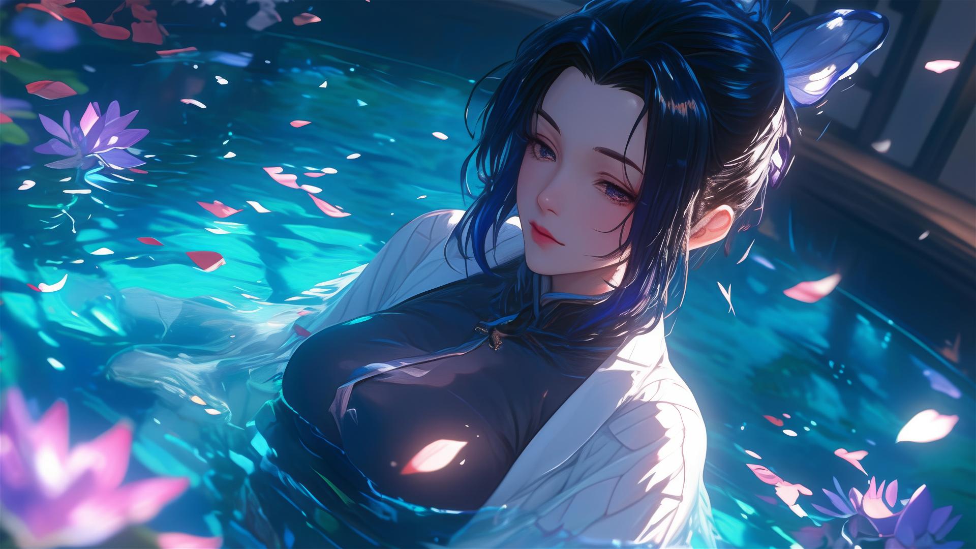 Shinobu Kocho from Demon Slayer in a tub of flowers at a Chinese spa