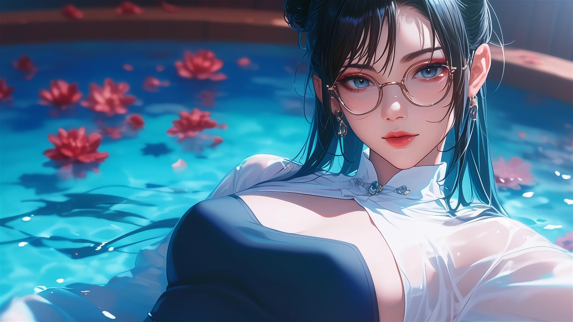 Maki Zenin in white shirt, tub of flowers, Chinese spa, glasses.