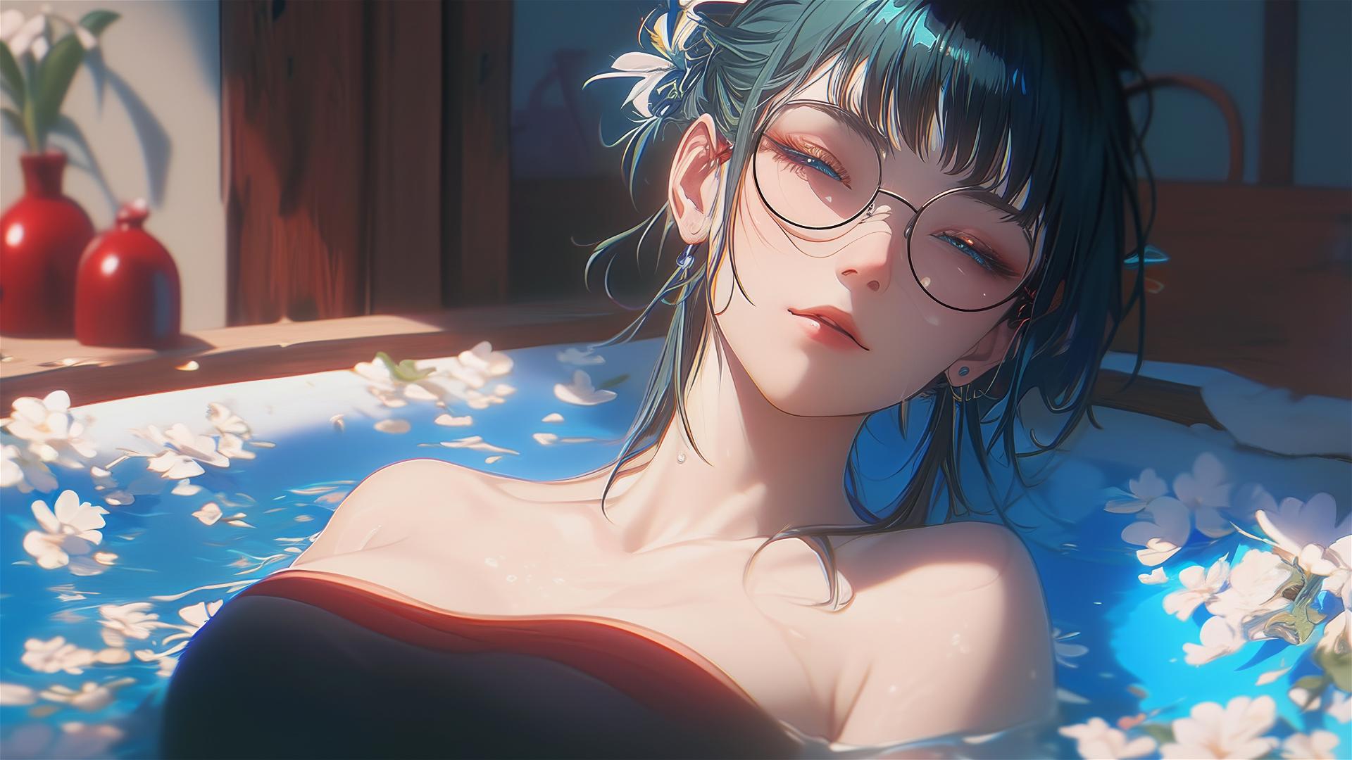 Maki Zenin in tub of flowers at a Chinese spa, wearing eyeglasses