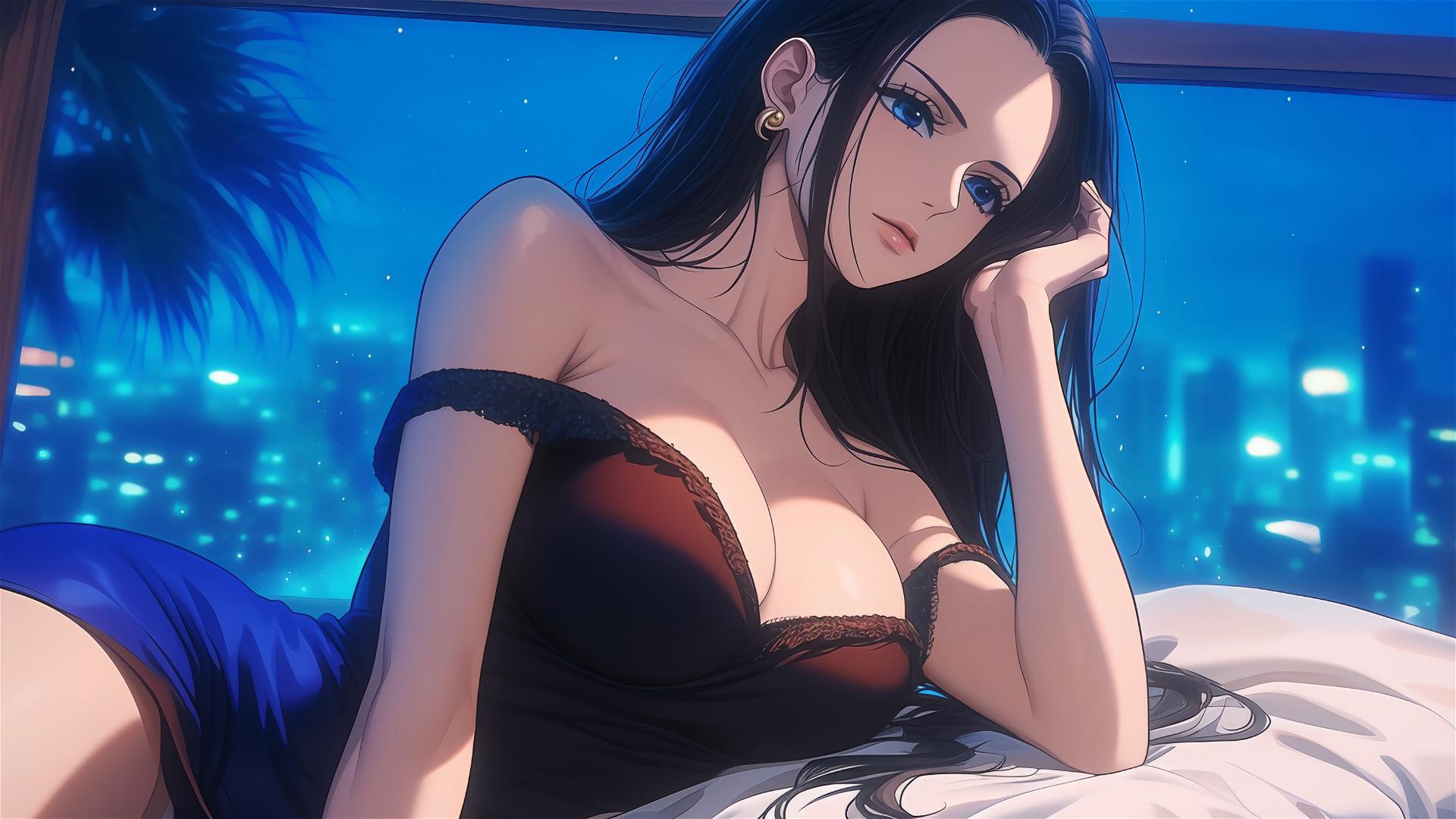 Nico Robin resting in a modern hotel room with moonlight glow