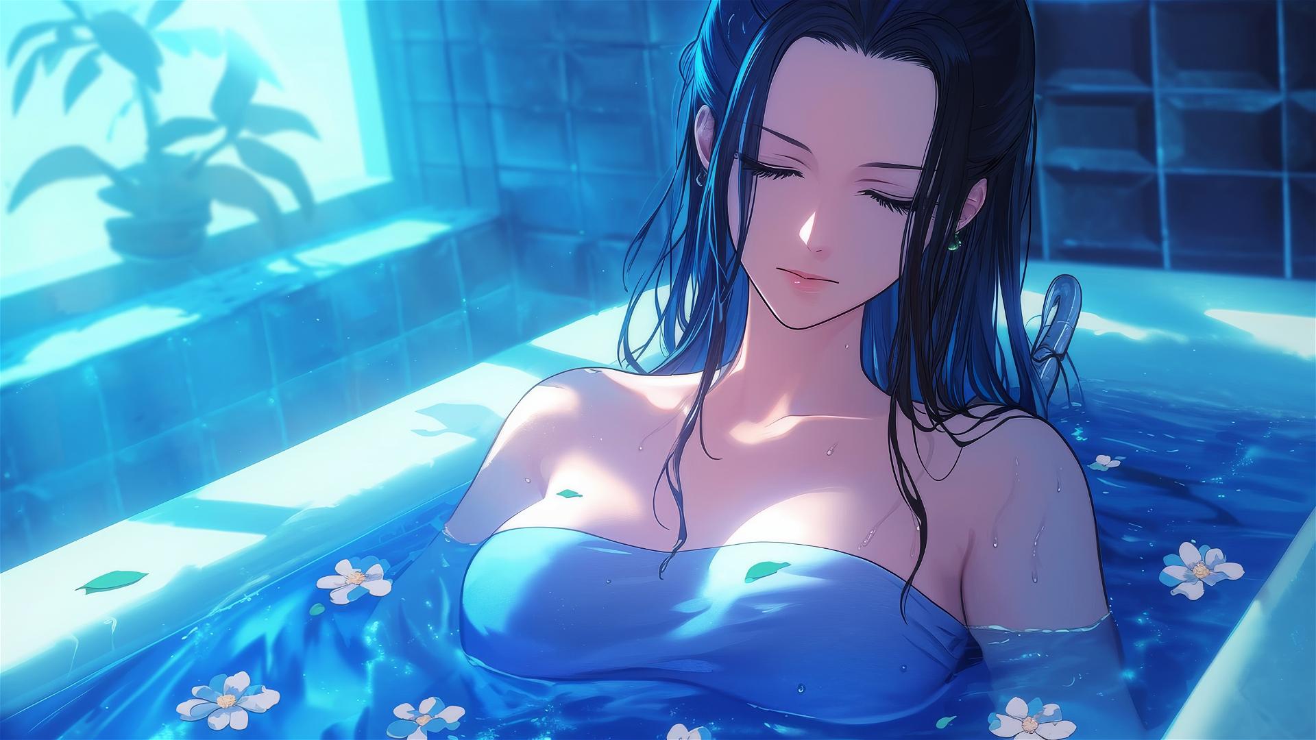 Nico Robin from One Piece in a tub full of flowers, Chinese spa.