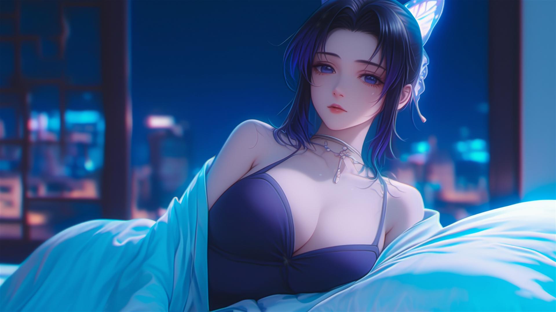 Shinobu Kocho resting in a modern hotel room with moonlight glow