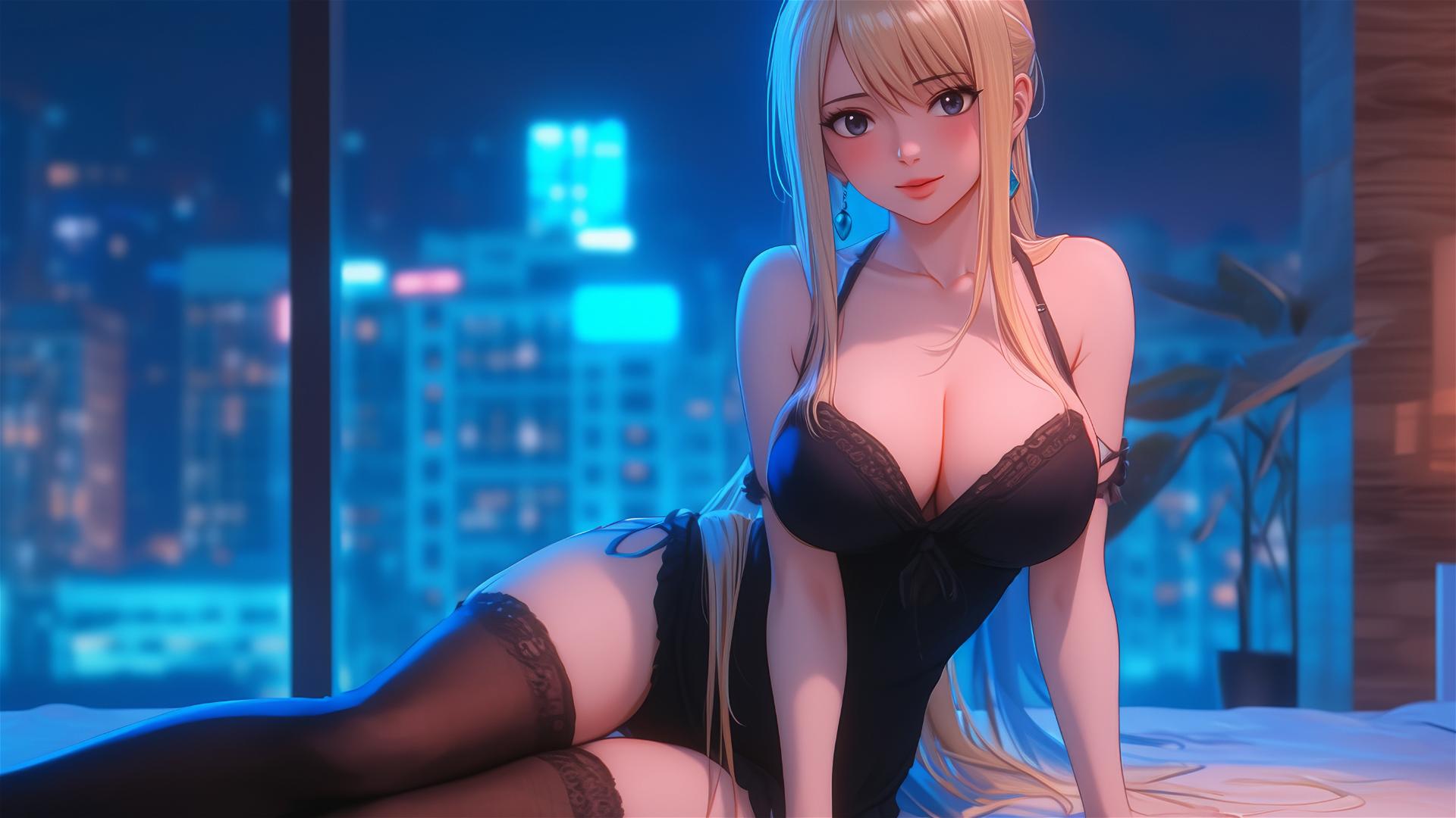 Lucy Heartfilia resting in a modern hotel room, moonlight glow on her.