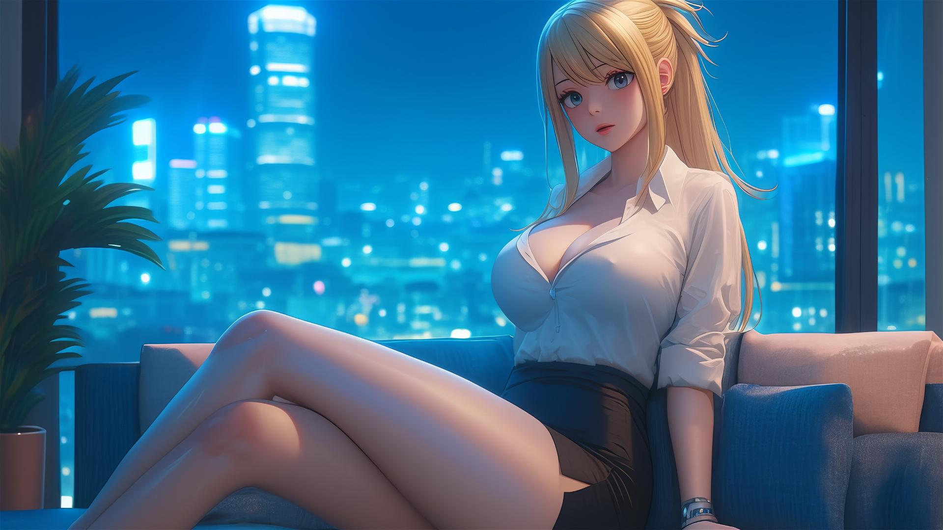 Lucy Heartfilia resting in a modern apartment under moonlight from Fairy Tail