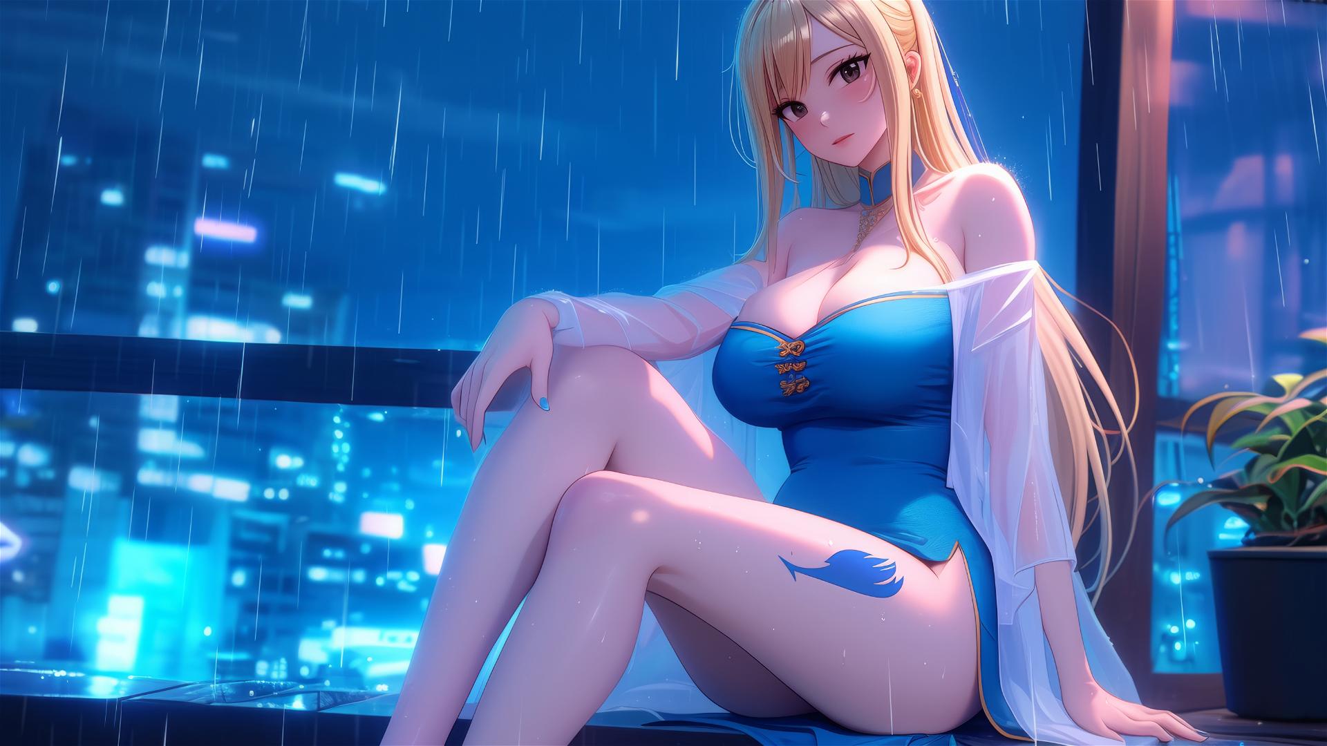 Lucy Heartfilia resting in a modern apartment under moonlight.