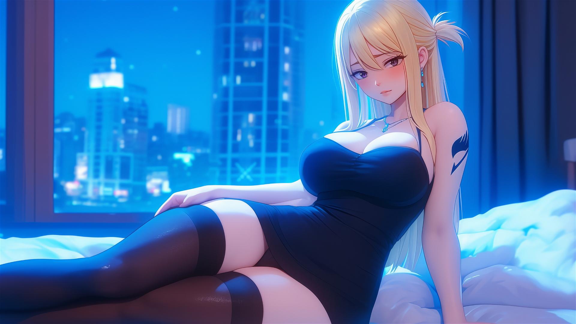 Lucy Heartfilia resting in a modern apartment illuminated by moonlight