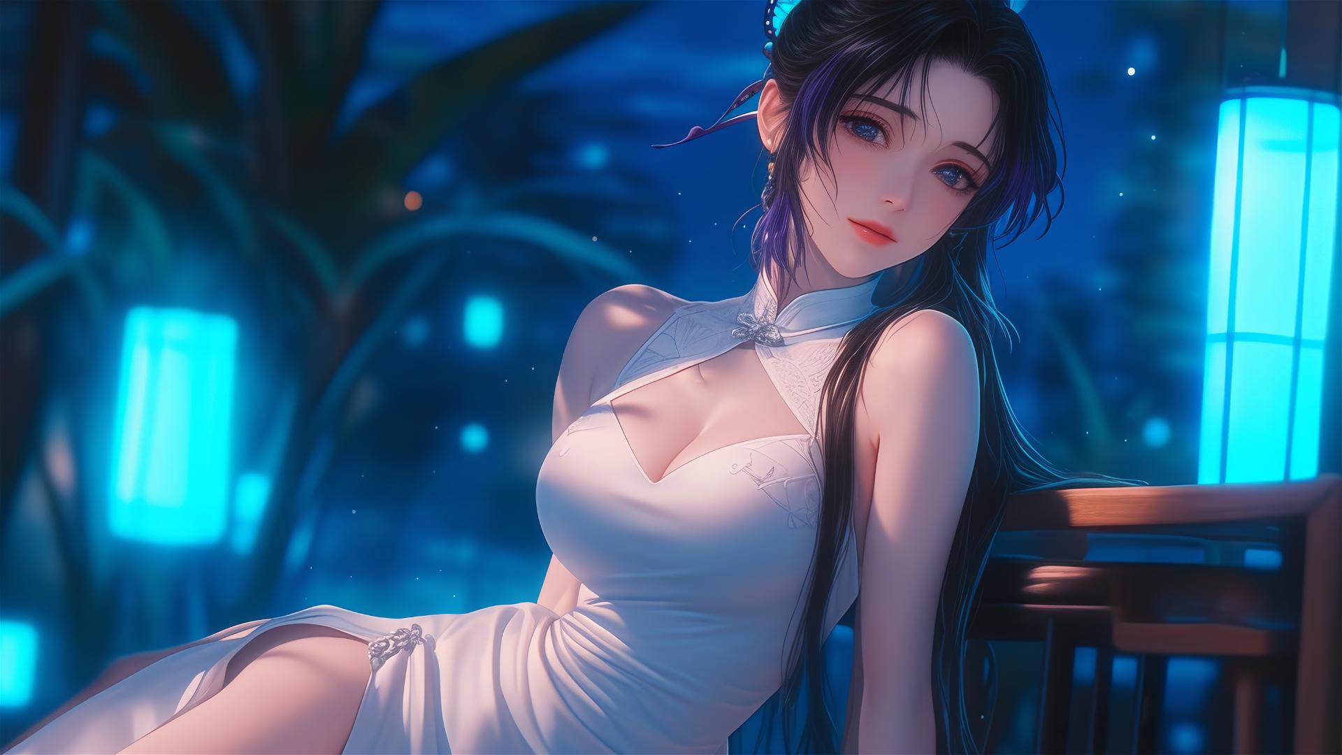 Shinobu Kocho resting in a modern hotel room with neon lights and moonlight glow