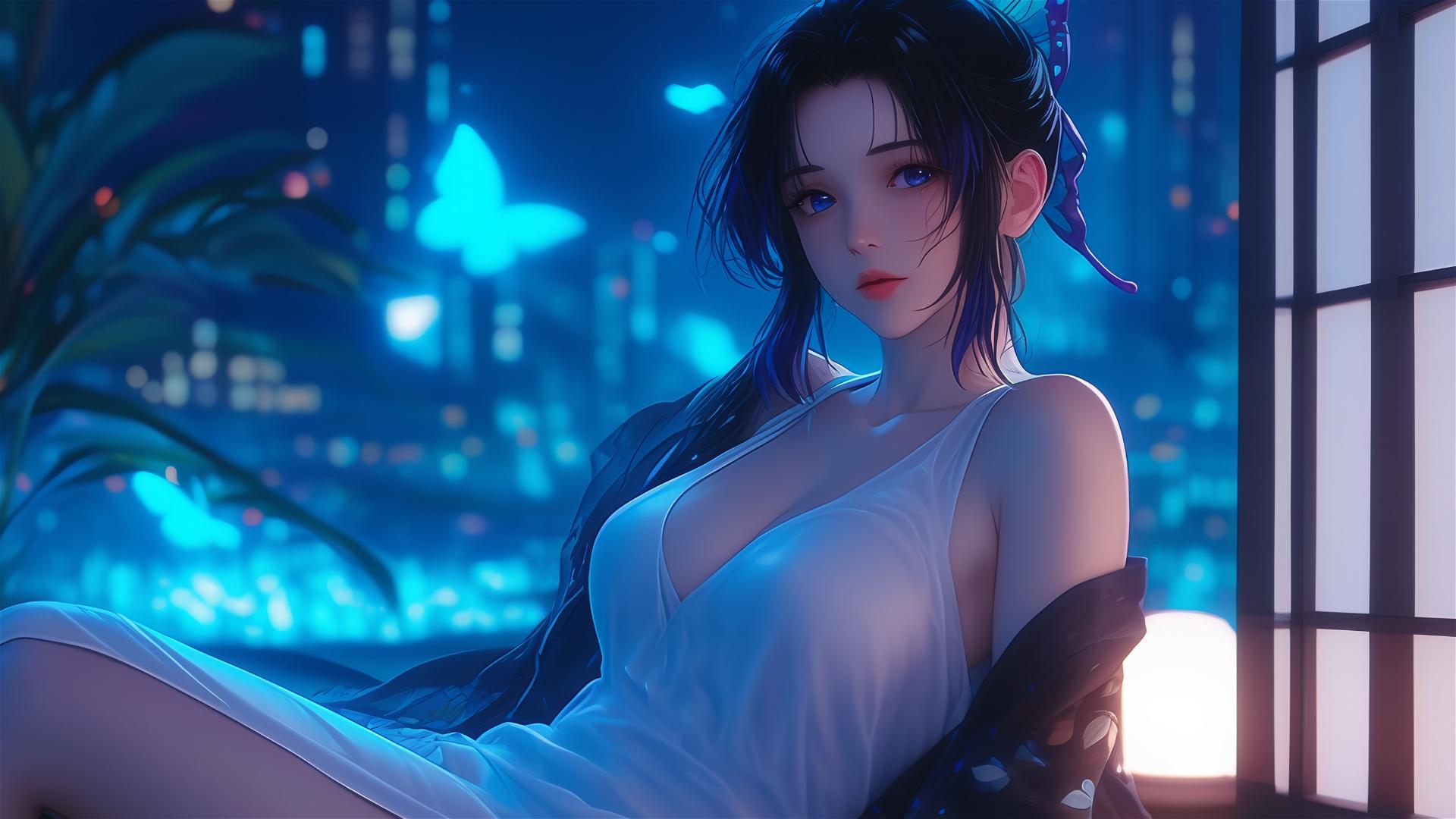 Shinobu Kocho in a modern hotel room with neon lights and moonlight.