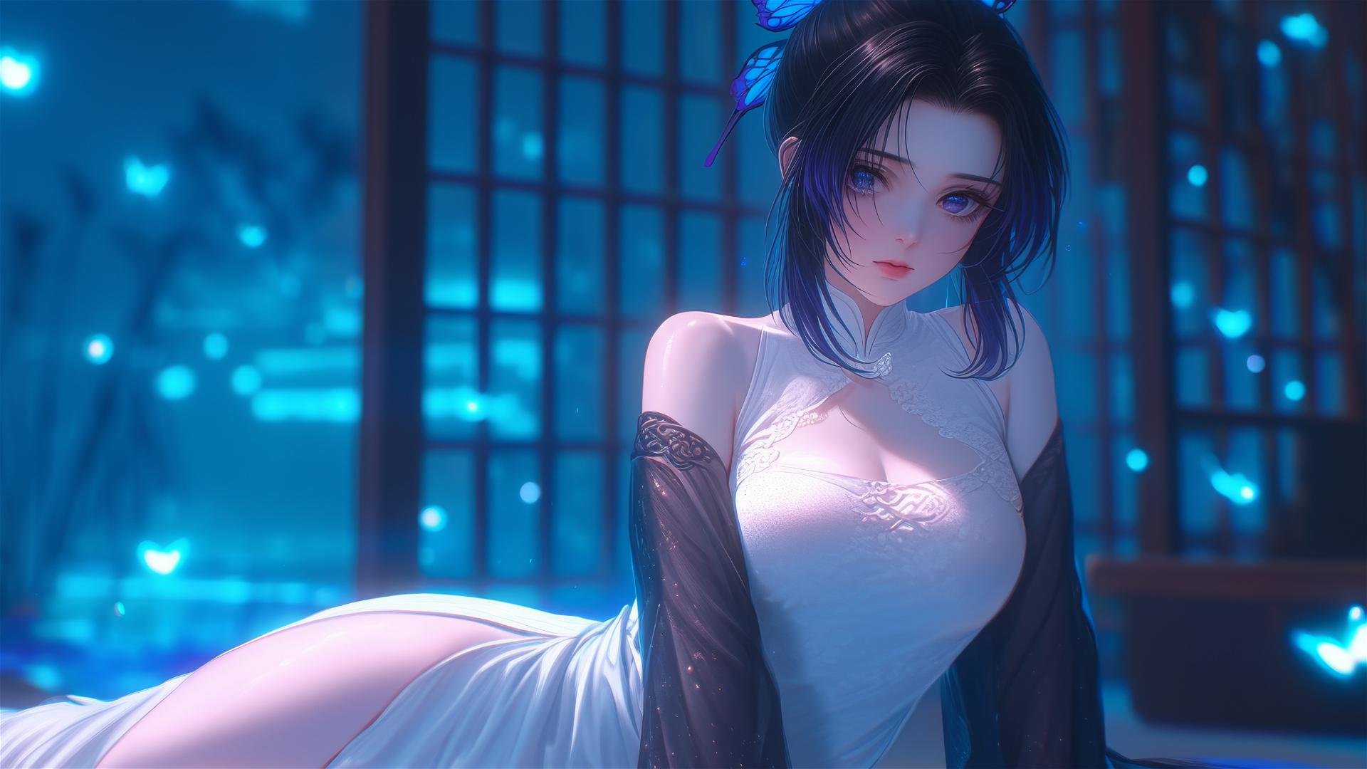 Shinobu Kocho resting in a modern hotel room with neon lights and moonlight.