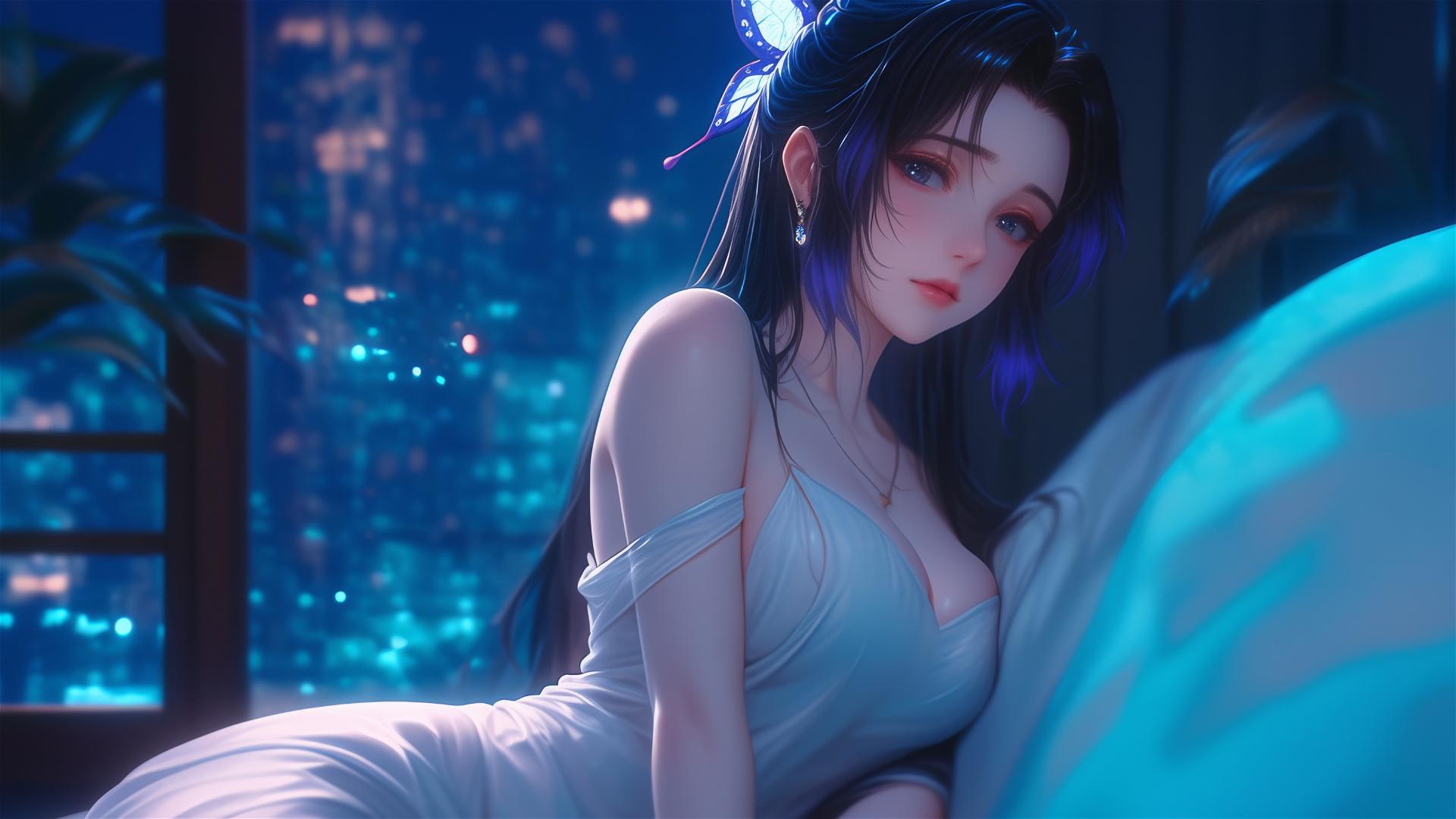 Shinobu Kocho from Demon Slayer resting in a modern hotel room with neon lights.