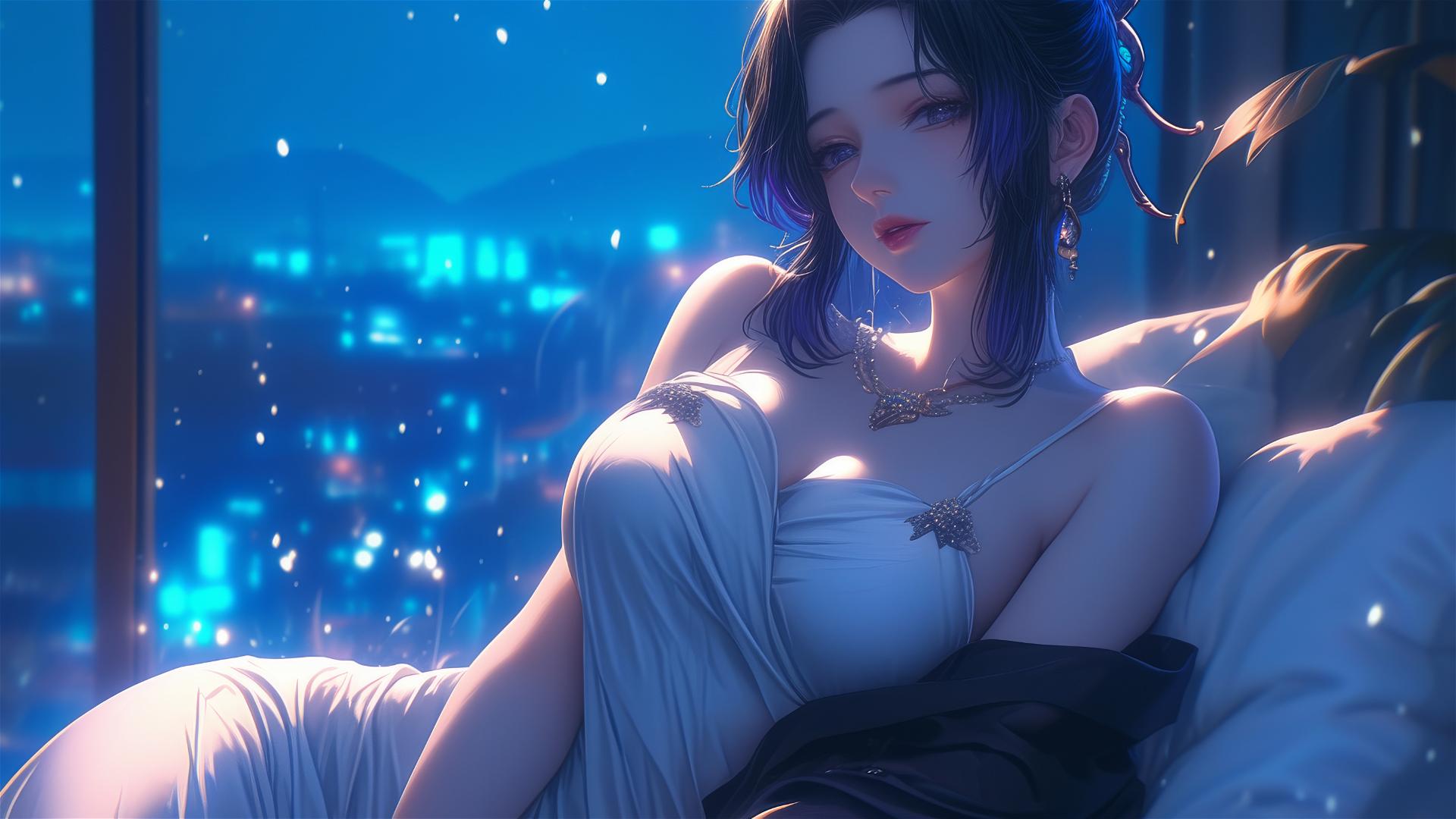 Shinobu Kocho resting in a modern hotel room with neon lights and moonlight.