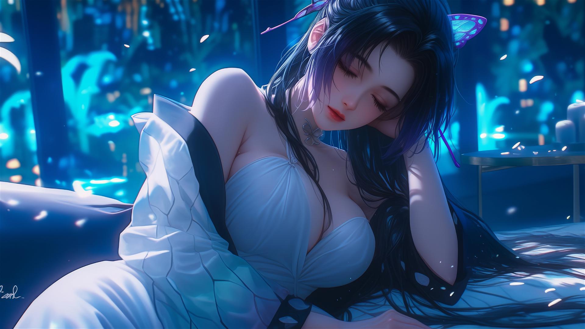 Shinobu Kocho resting in modern hotel room, illuminated by neon and moonlight, in white dress.