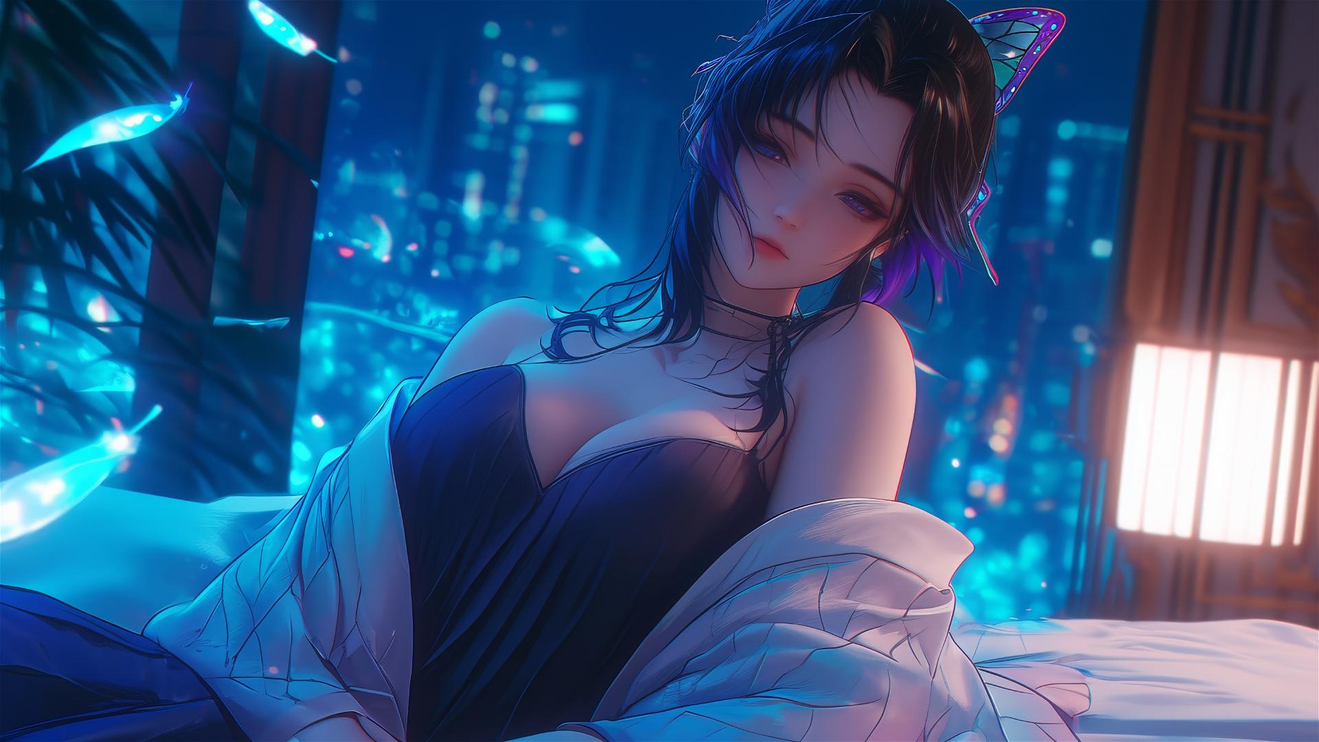 Shinobu Kocho in a neon-lit modern hotel room