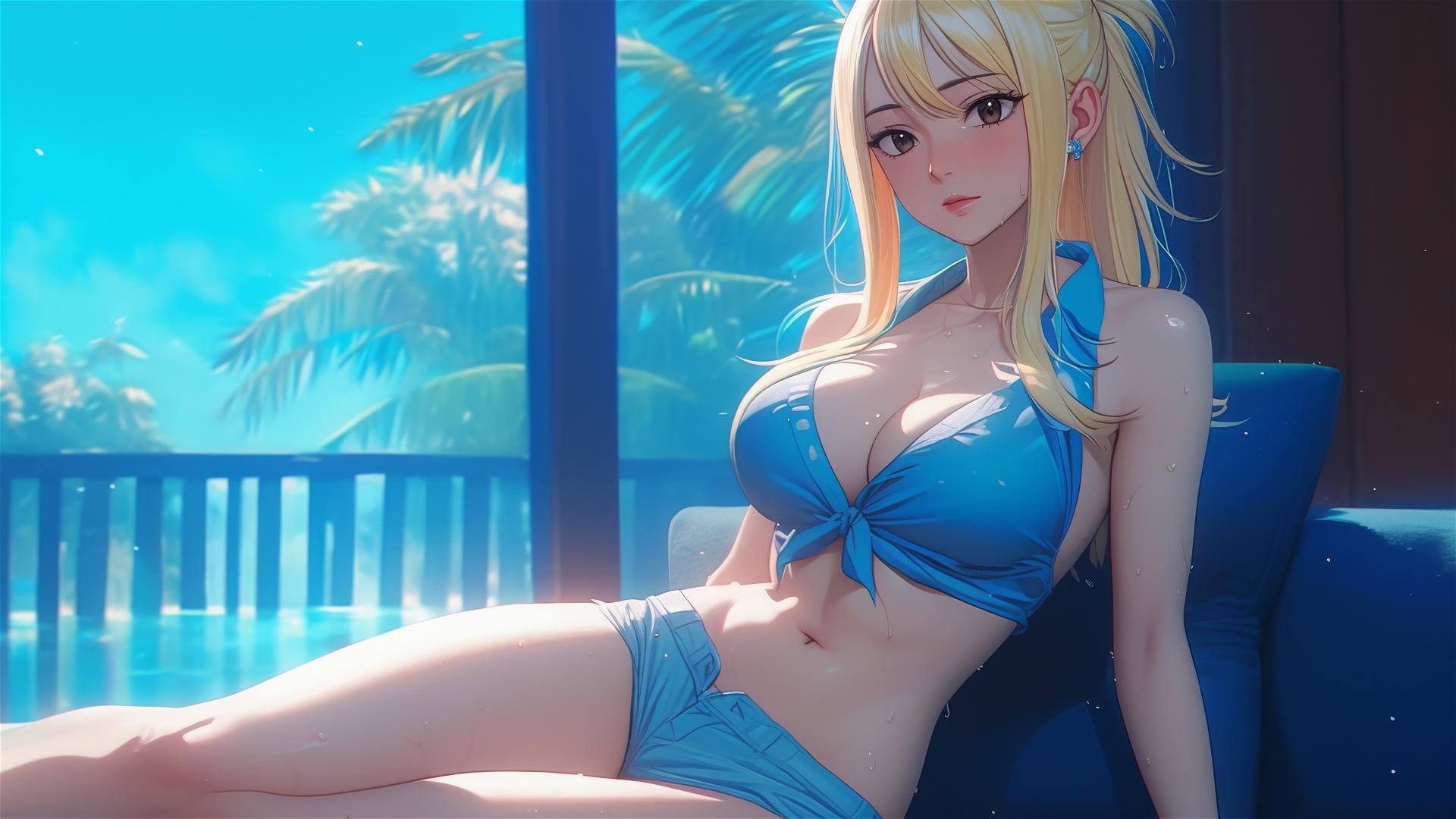 Lucy Heartfilia resting in a modern apartment under moonlight