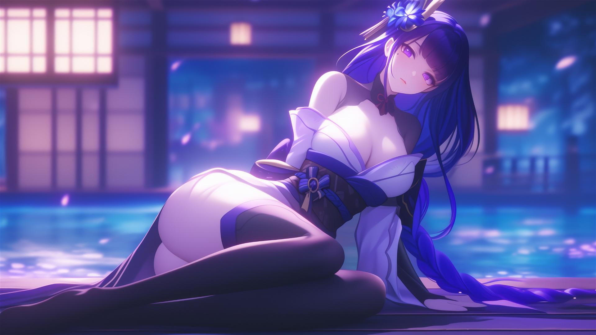 Raiden Shogun from Genshin Impact resting at a modern hotel under moonlight