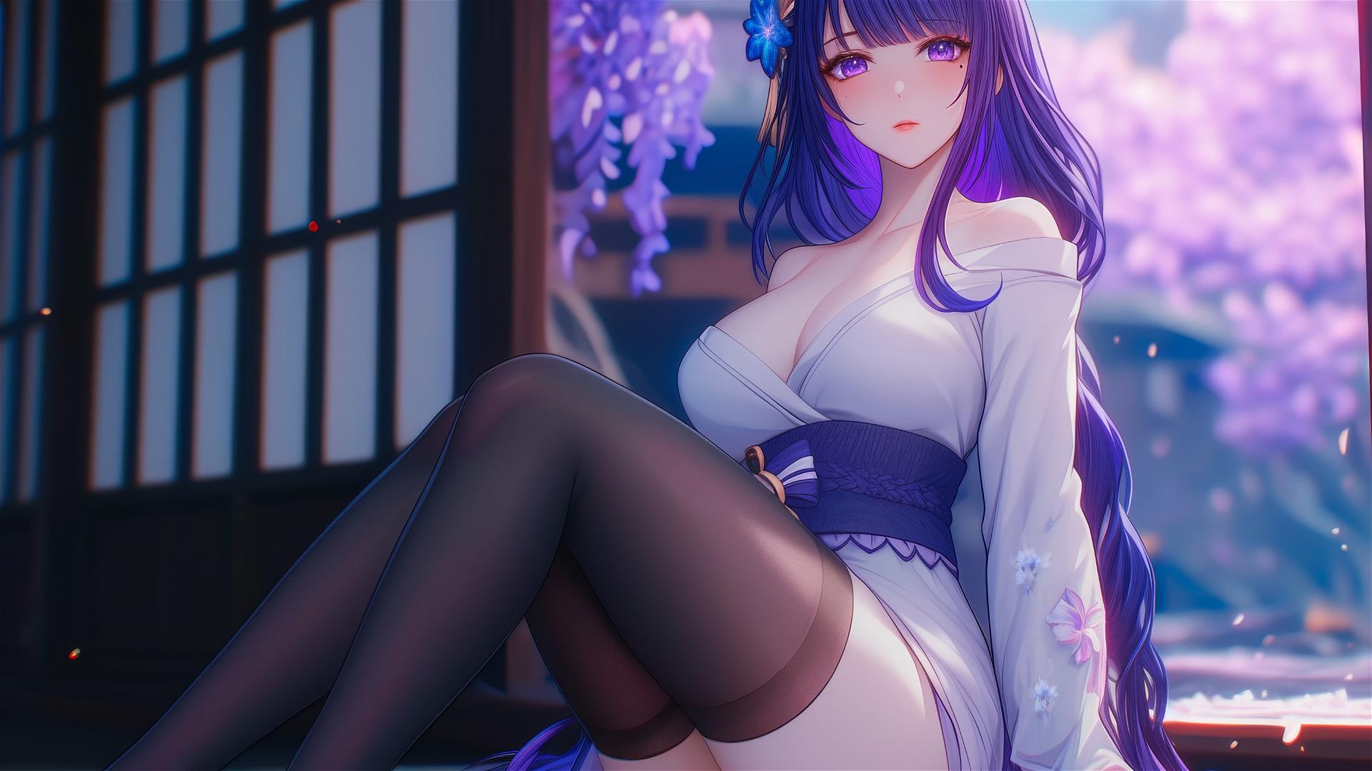 Raiden Shogun from Genshin Impact relaxing at a modern hotel under moonlight, with purple hair and eyes, and a flower in her hair.