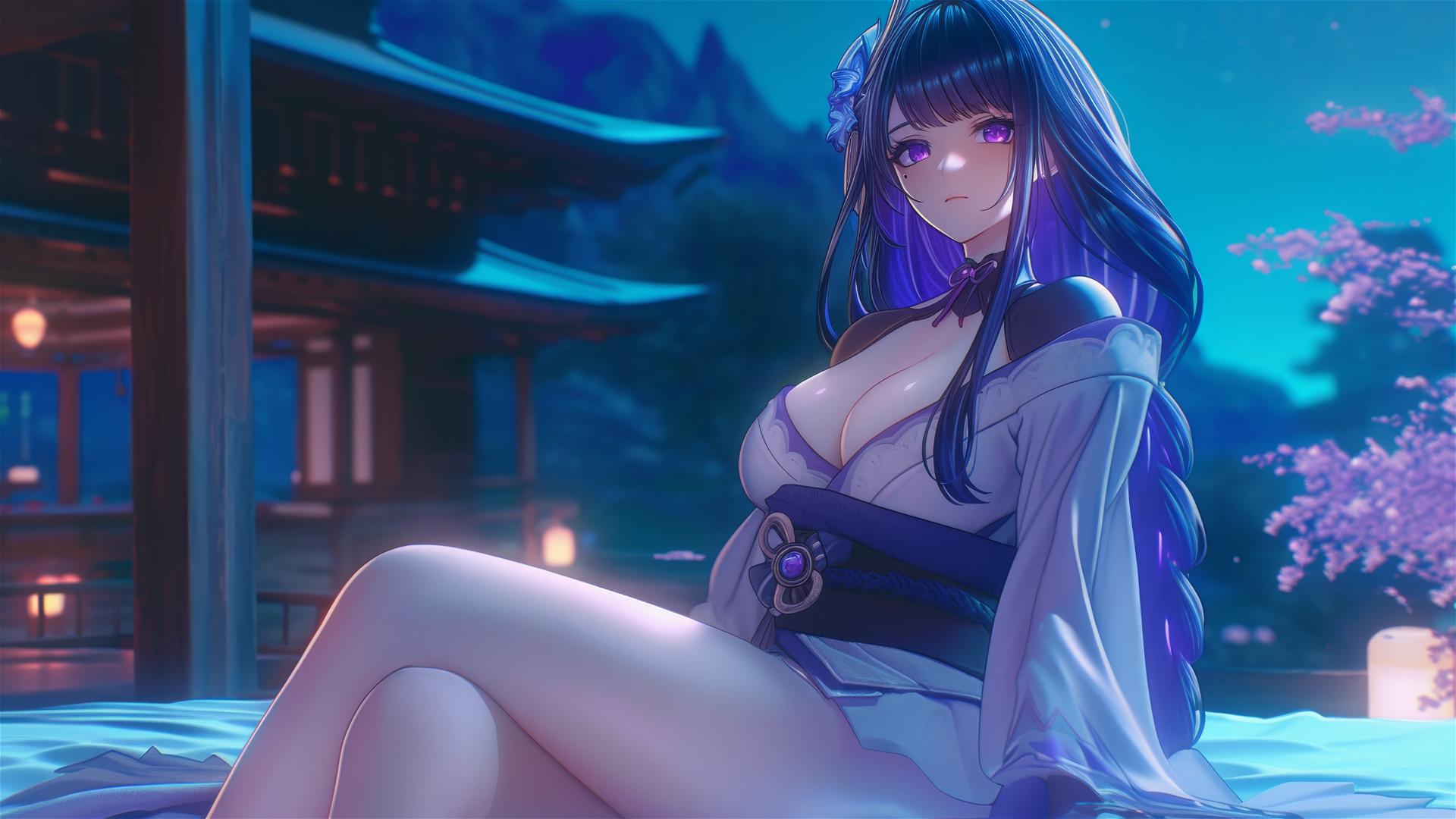 Raiden Shogun from Genshin Impact resting at a modern hotel under moonlight.