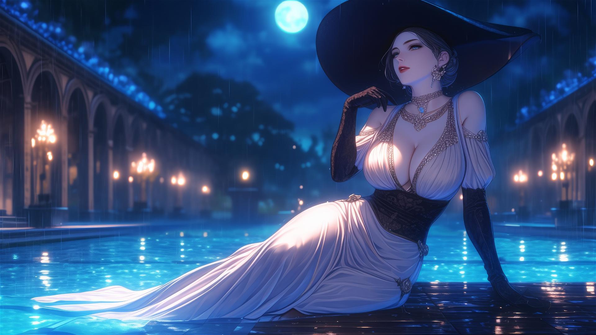 Lady Dimitrescu relaxing at a rainy pool under moonlight