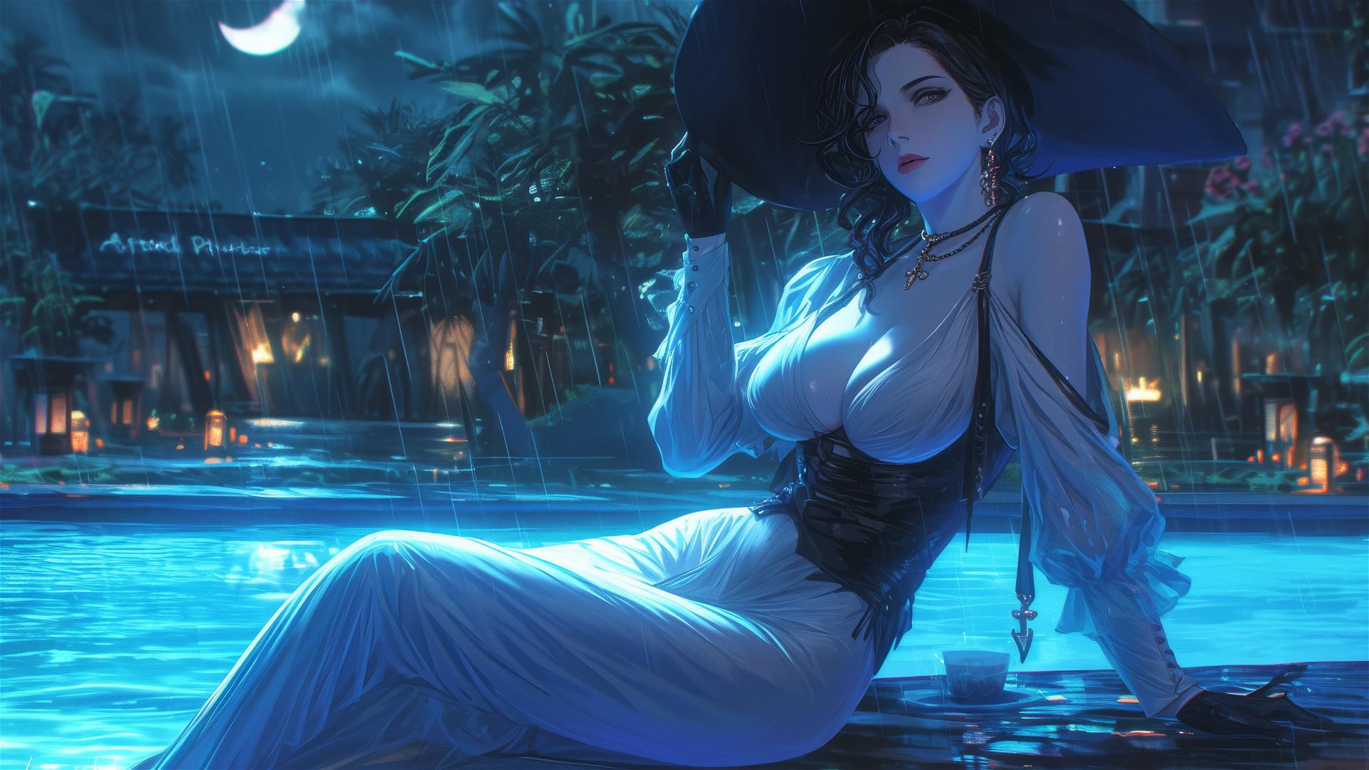 Lady Dimitrescu resting at a rainy swimming pool with moonlight glow