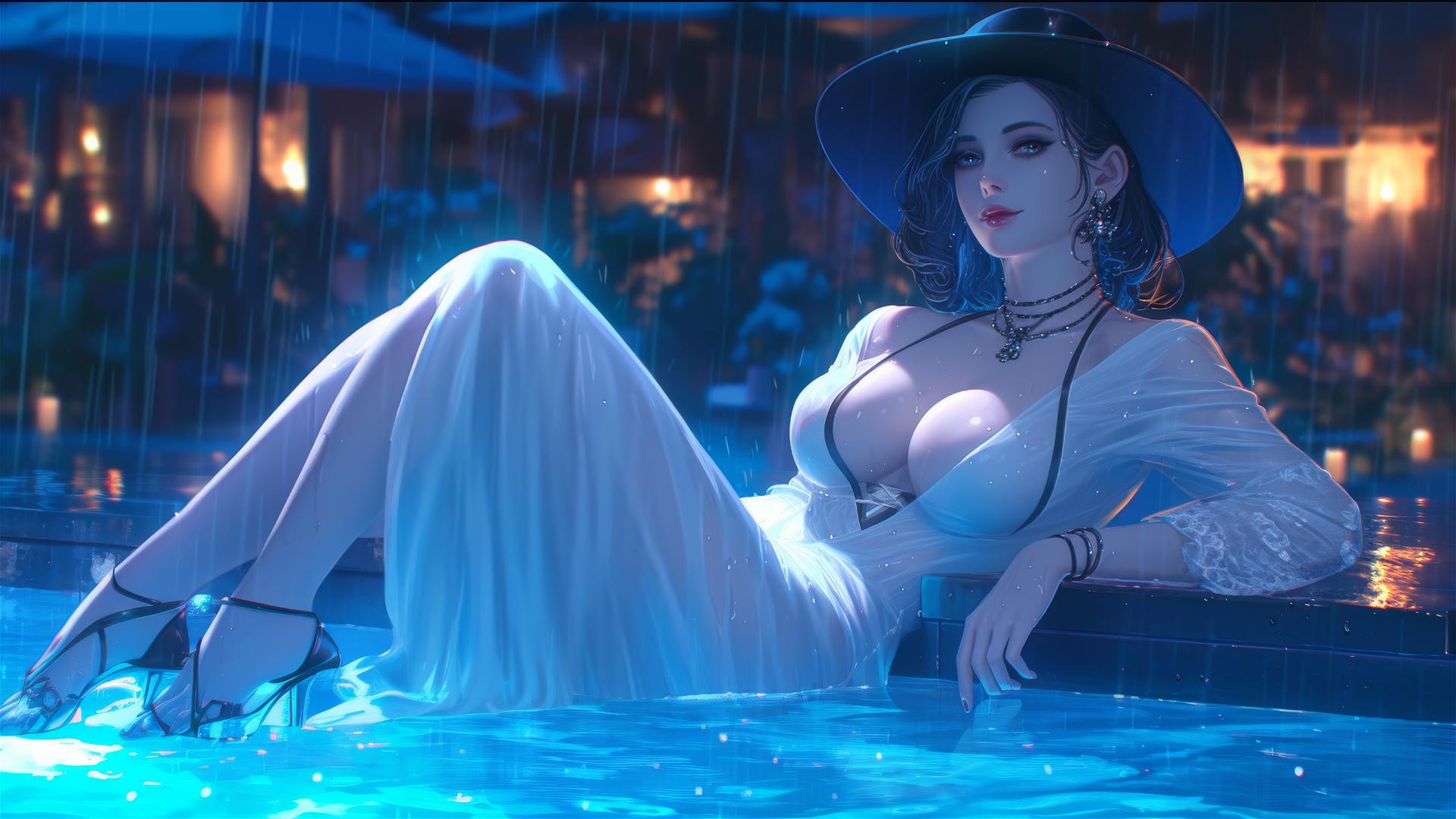 Lady Dimitrescu resting at rainy swimming pool with moonlight glow