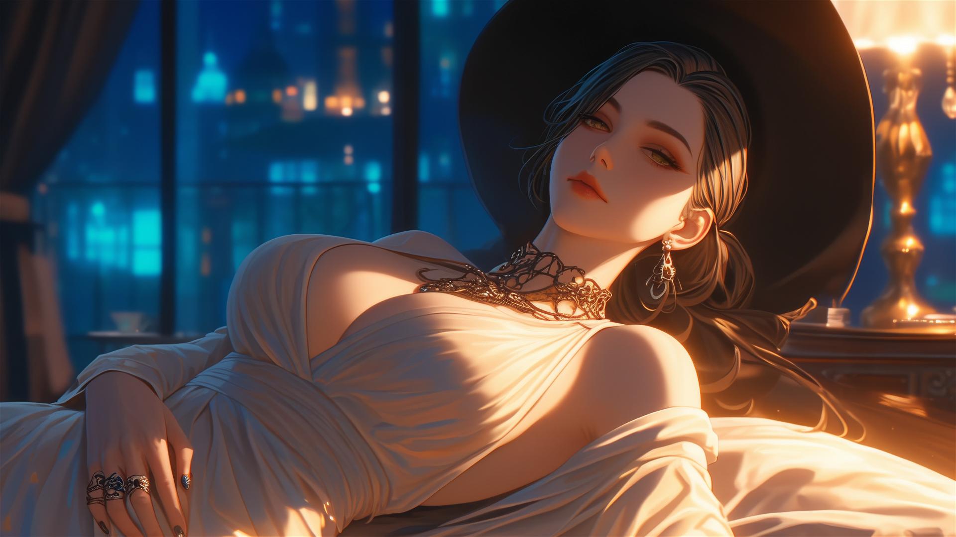 Lady Dimitrescu resting on modern hotel bed, lit by moonlight, gothic elegant