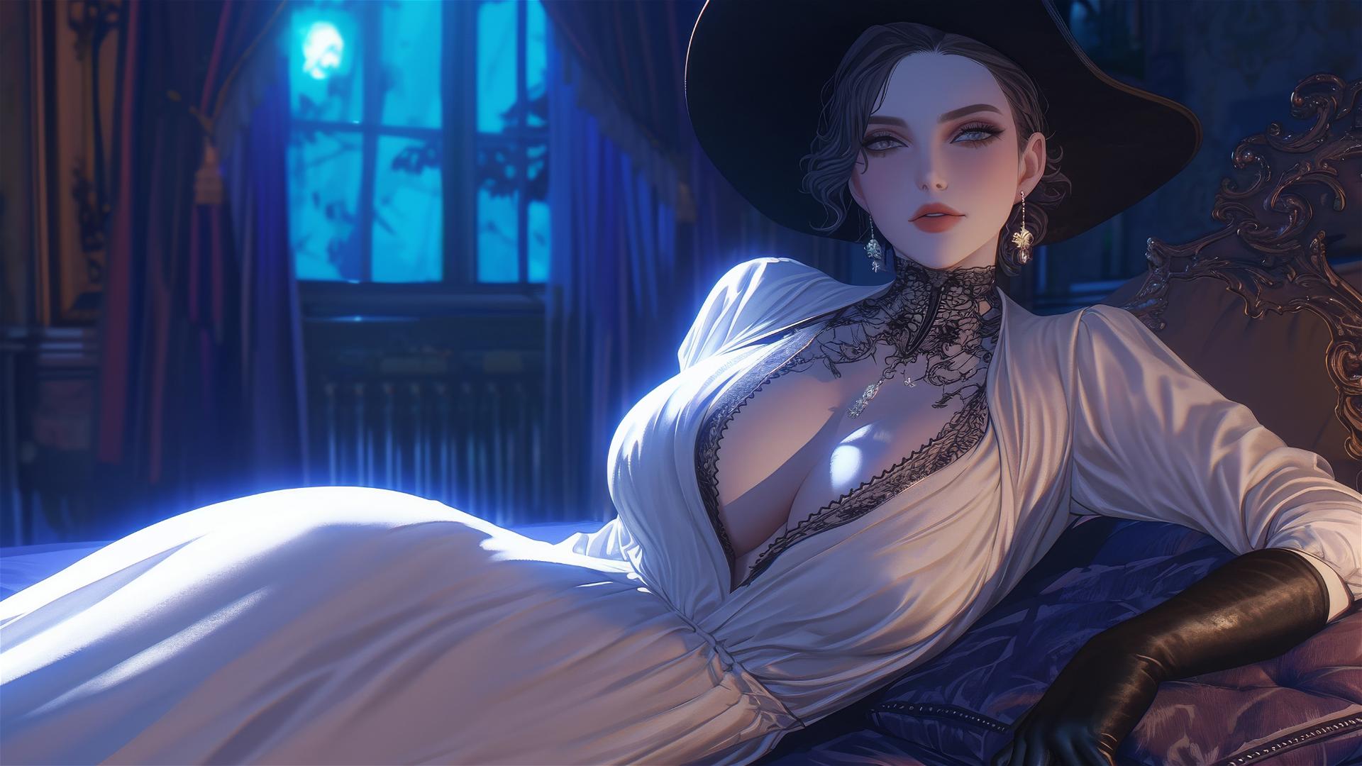 Lady Dimitrescu rests on modern hotel bed under moonlight